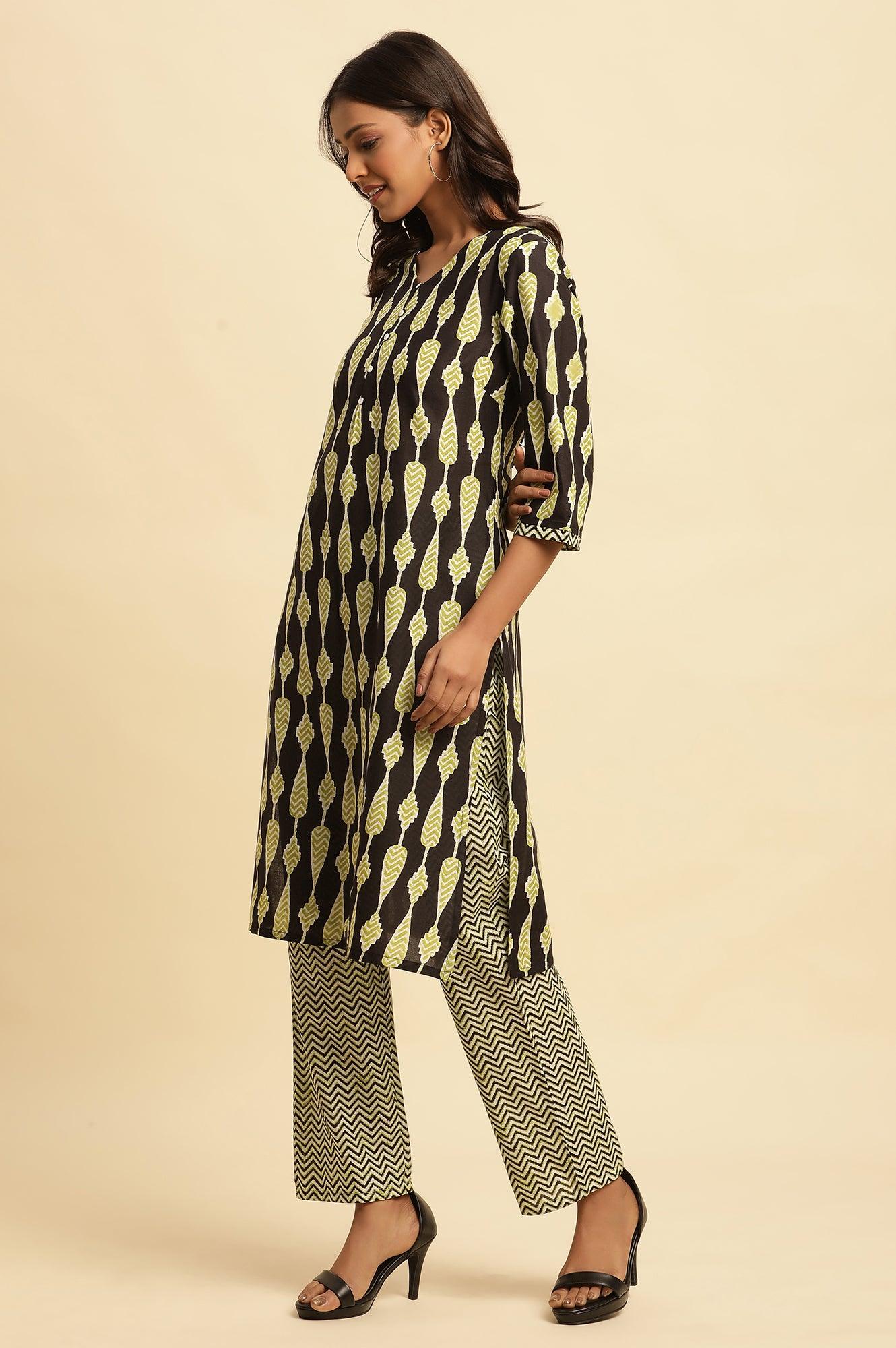 Black Printed Straight Kurta And Pants Set - wforwoman