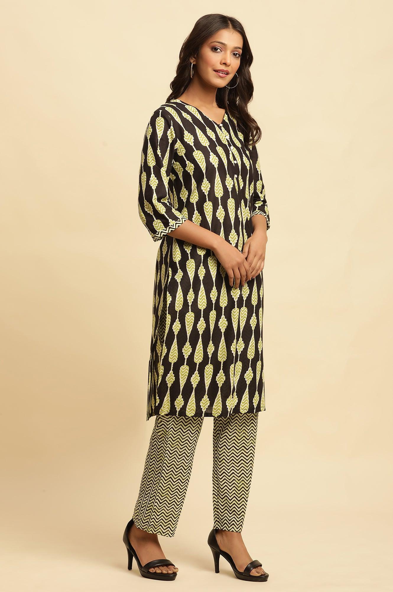 Black Printed Straight Kurta And Pants Set - wforwoman