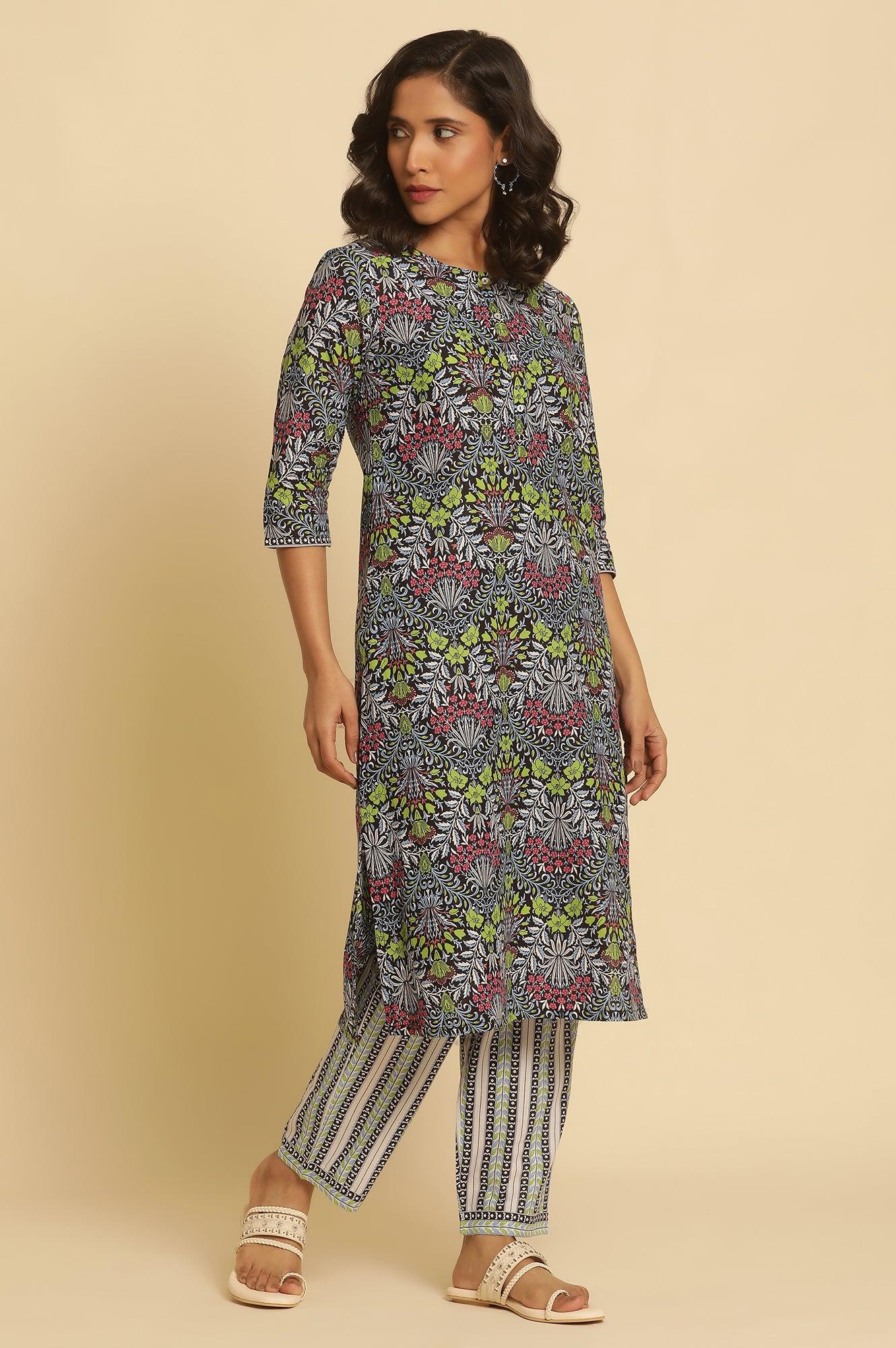 Black Floral Printed Straight Kurta And Pants Set - wforwoman