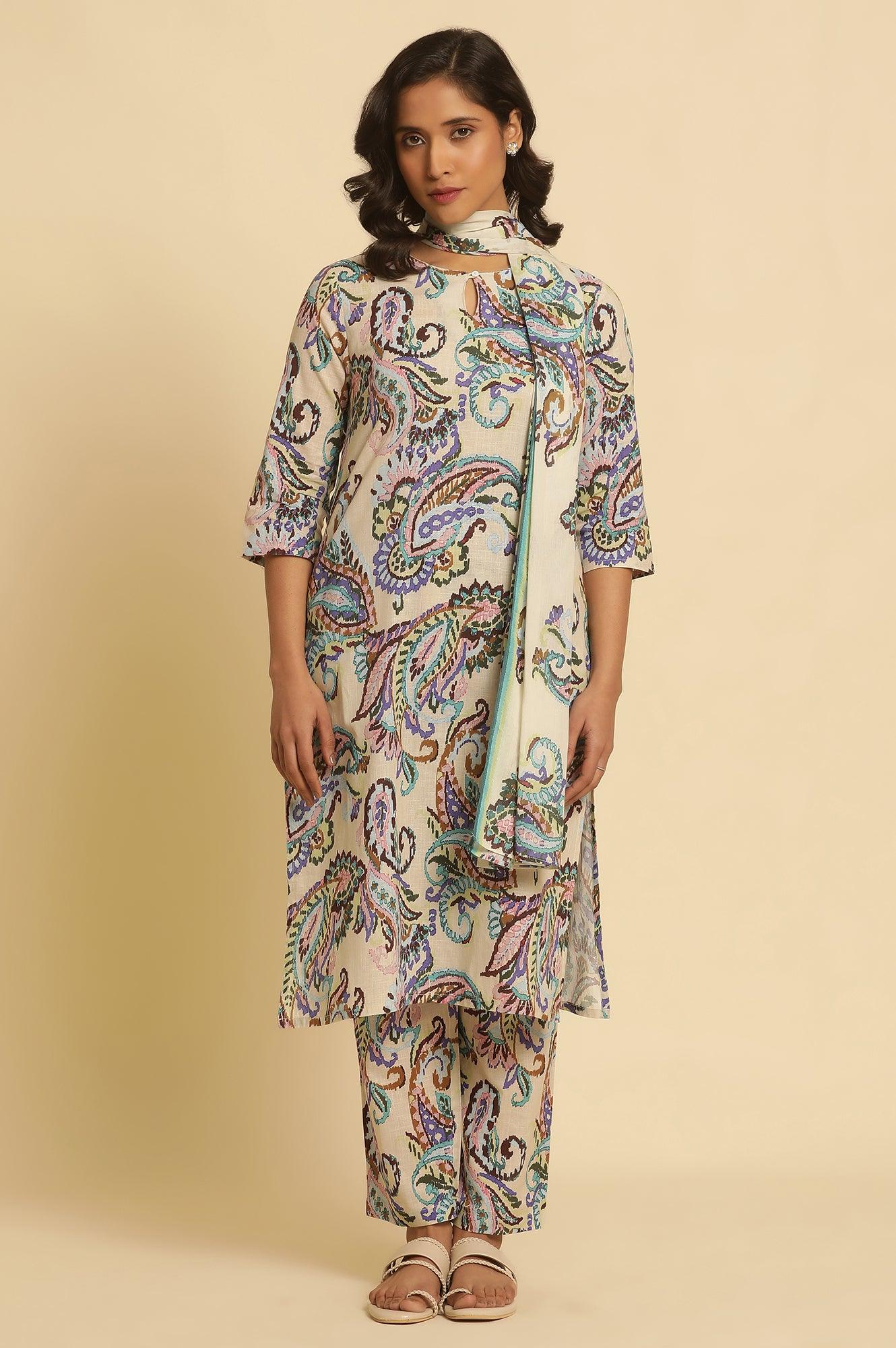 Ecru Floral Printed Straight Kurta And Pants Set - wforwoman