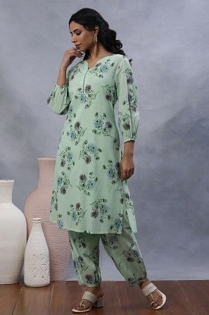 Green Floral Printed A-Line Kurta, Gathered Pants And Dupatta Set