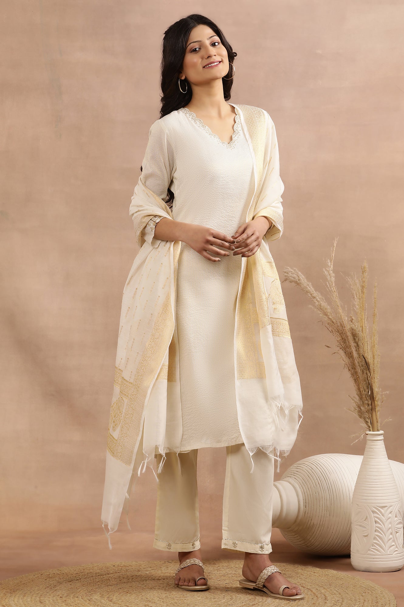 White A-Line Chanderi Kurta, Pants And Dupatta Set
