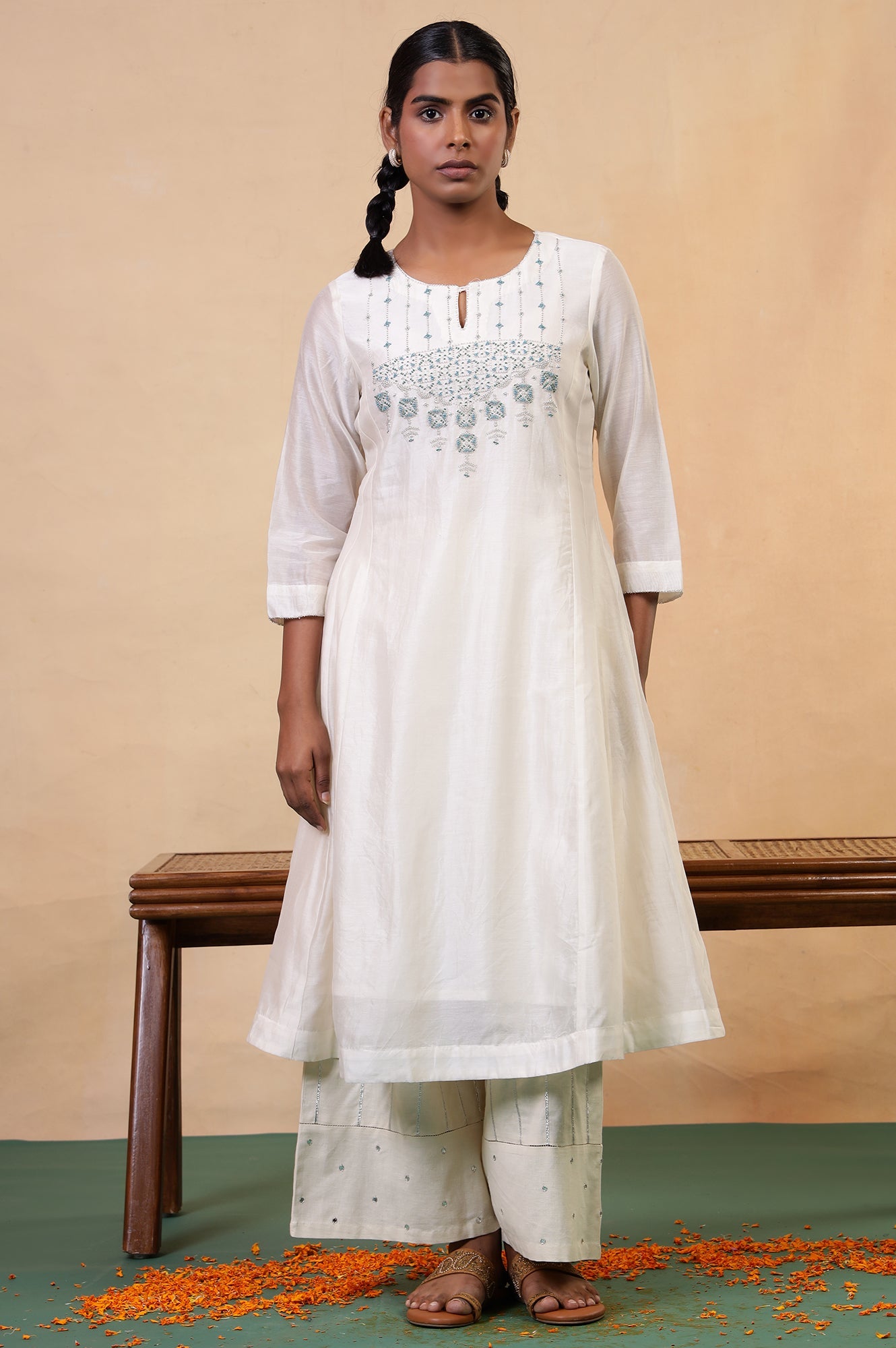 Folksong Off-White Beaded Cotton Silk Blend Flared Anarkali Kurta