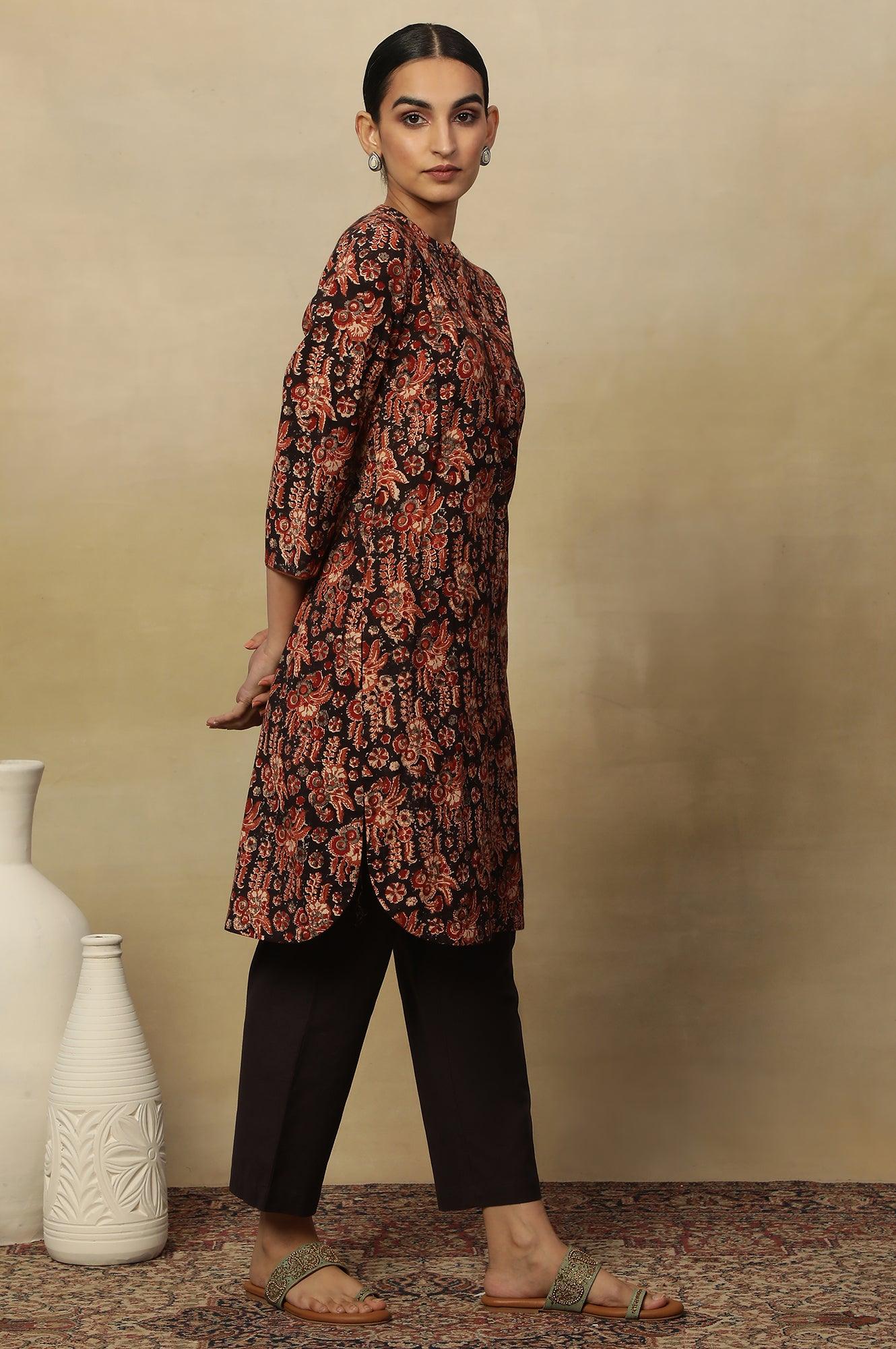 Black Kalamkari Printed Straight Kurta In Cotton Slub - wforwoman