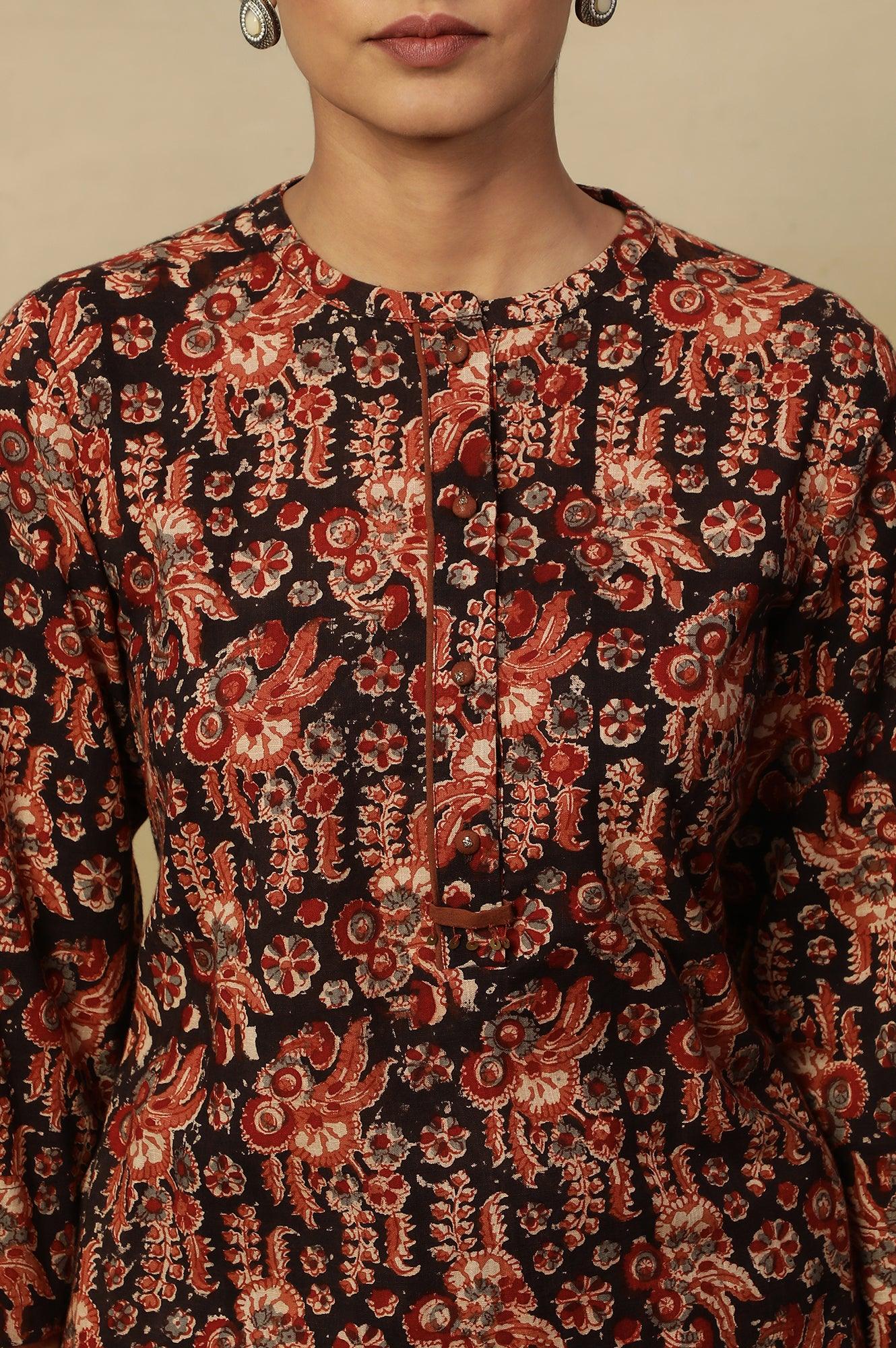 Black Kalamkari Printed Straight Kurta In Cotton Slub - wforwoman