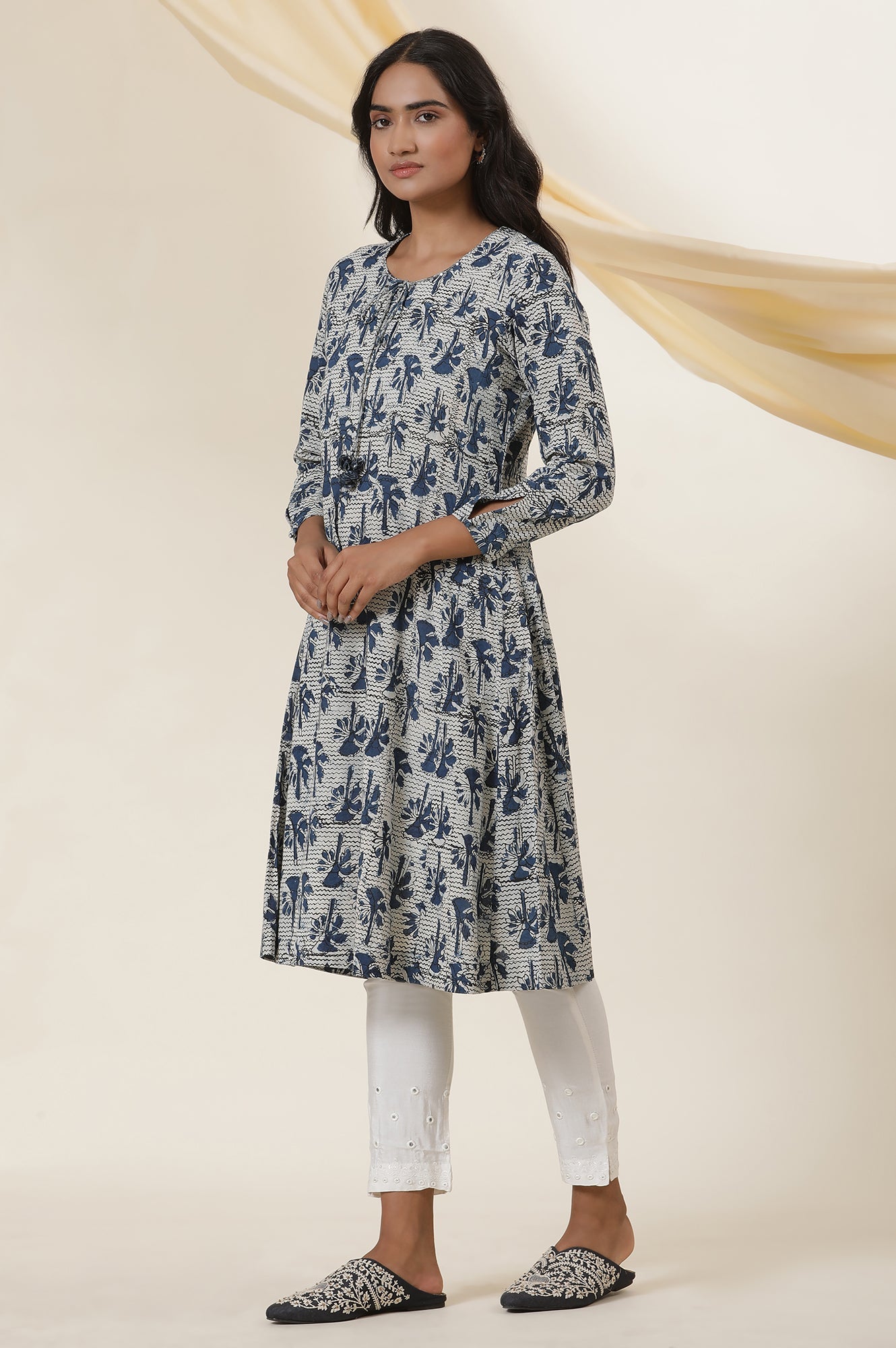 Indigo Block Printed Round Neck Kurta