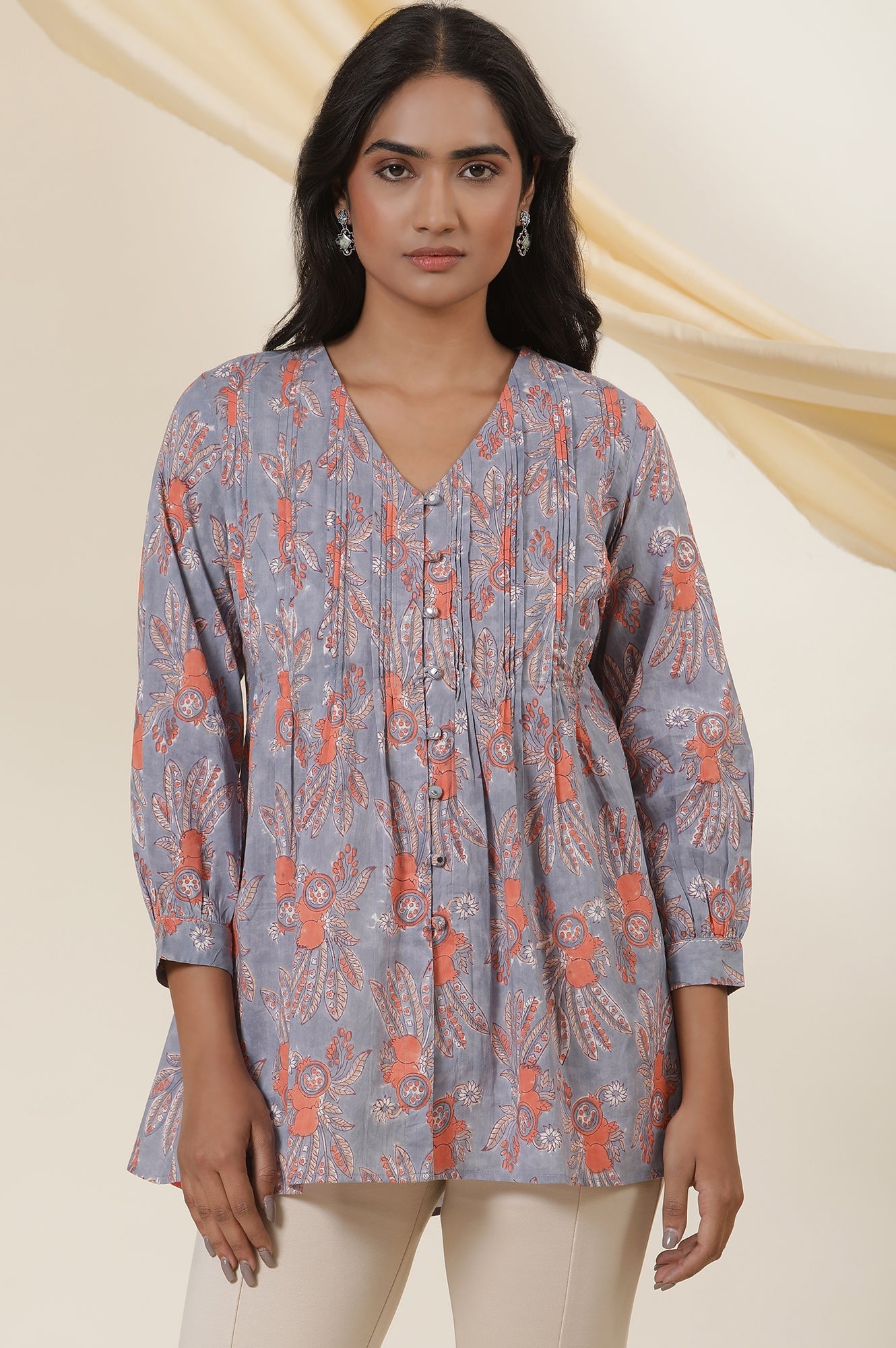 Blue Cotton Multi-Coloured Block Print Pleated Top