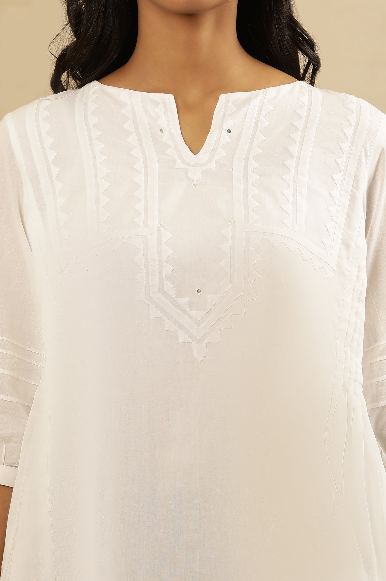 White Applique Work Cotton Voile Top With Mirror Work
