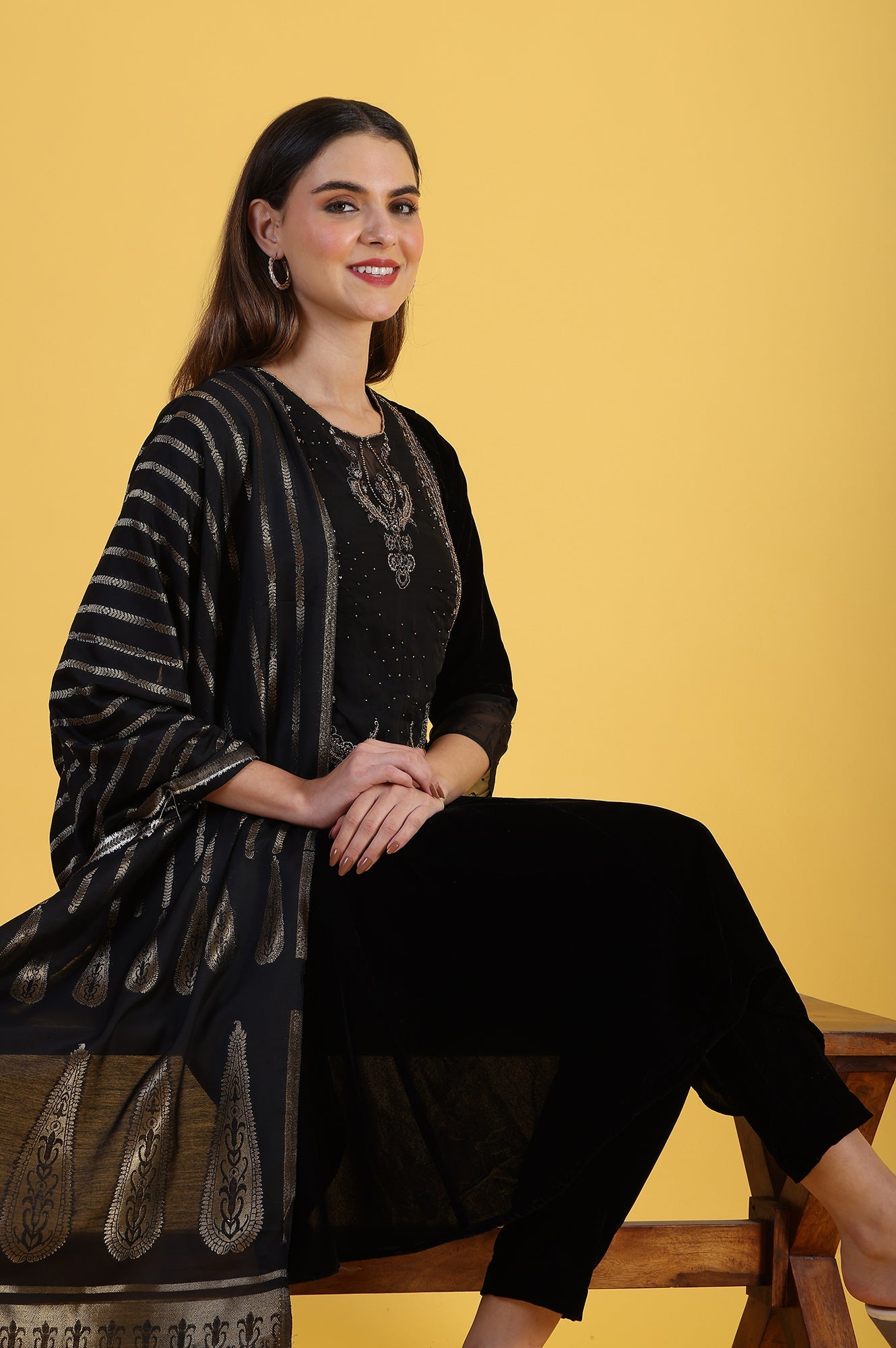 Black Solid Metallic Embroidery Flared Kurta & Straight pant with Dupatta Set