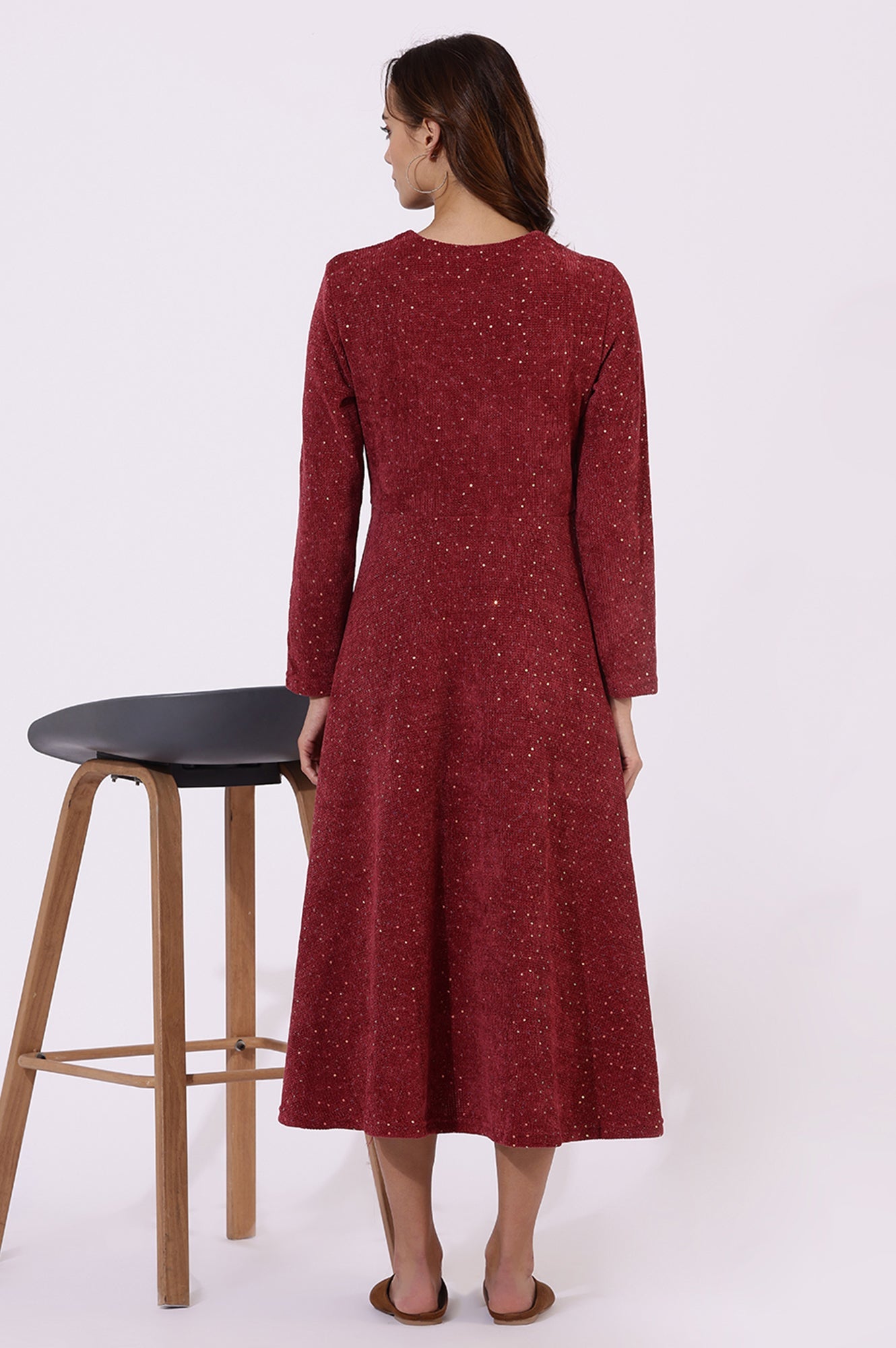 Maroon Solid Sequins Flarred Dresses