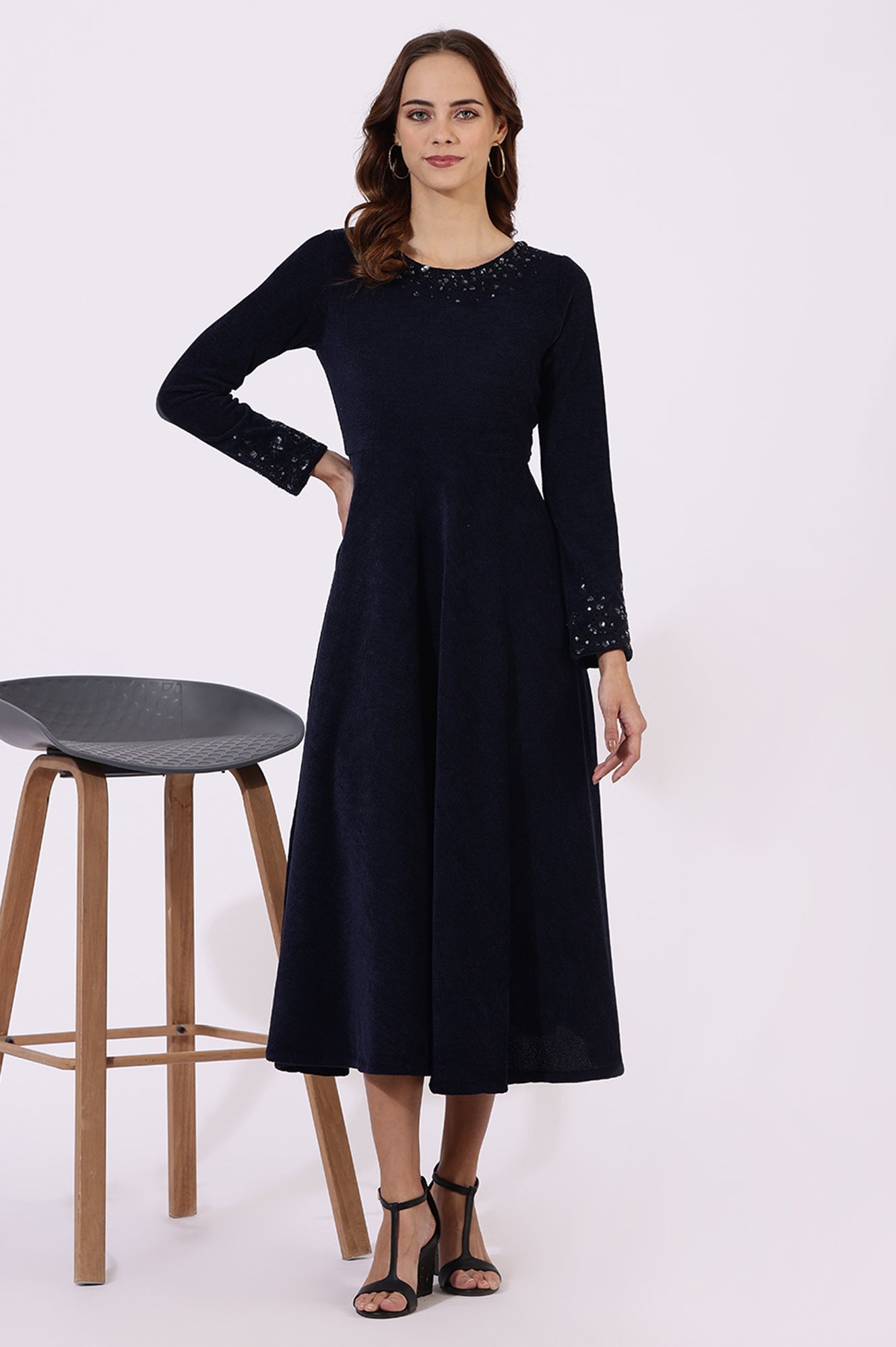 Blue Embroidered Sequins Flarred Dresses