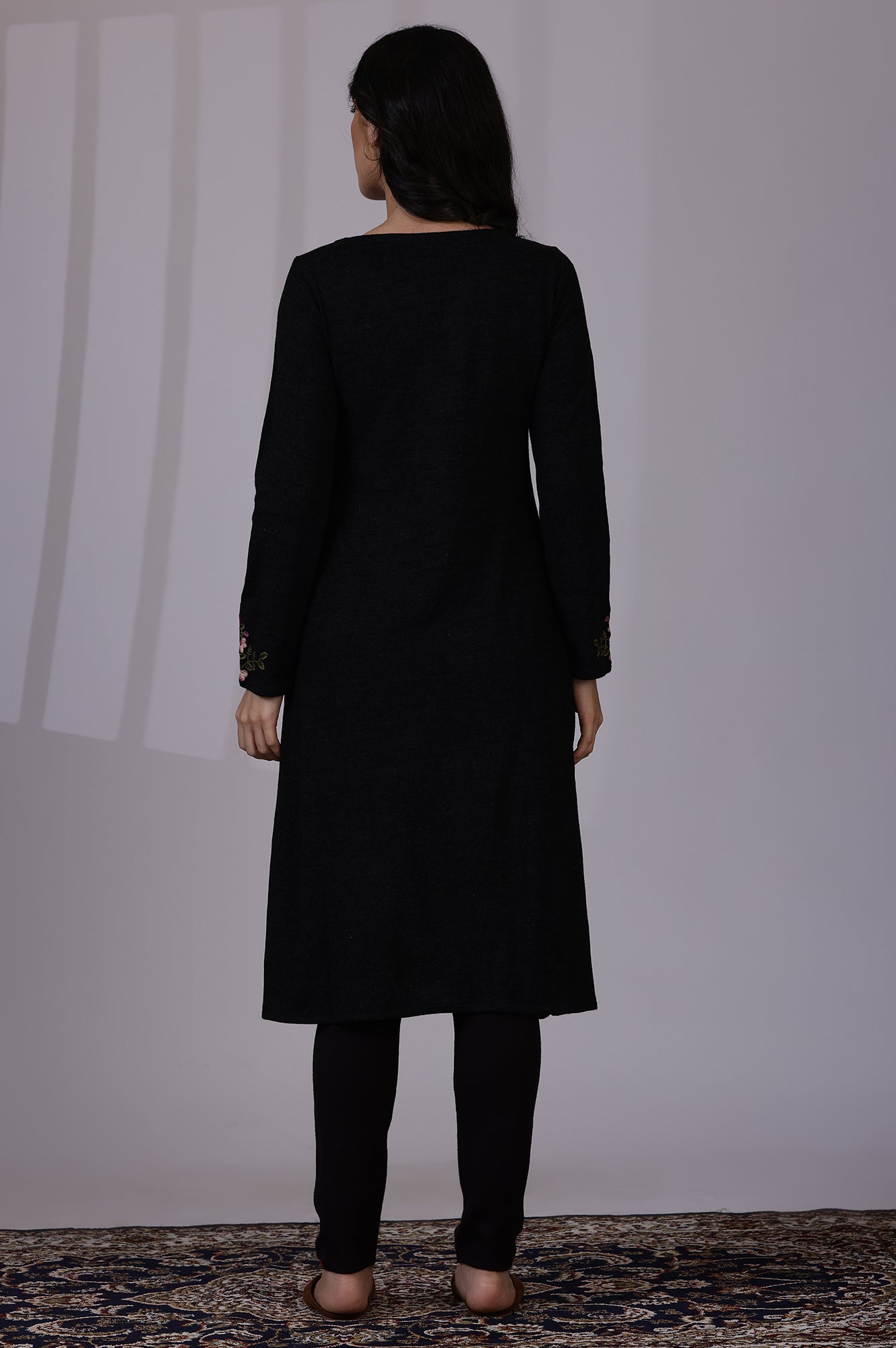 Grey Solid Thread Work Acrylic A-Line Kurta