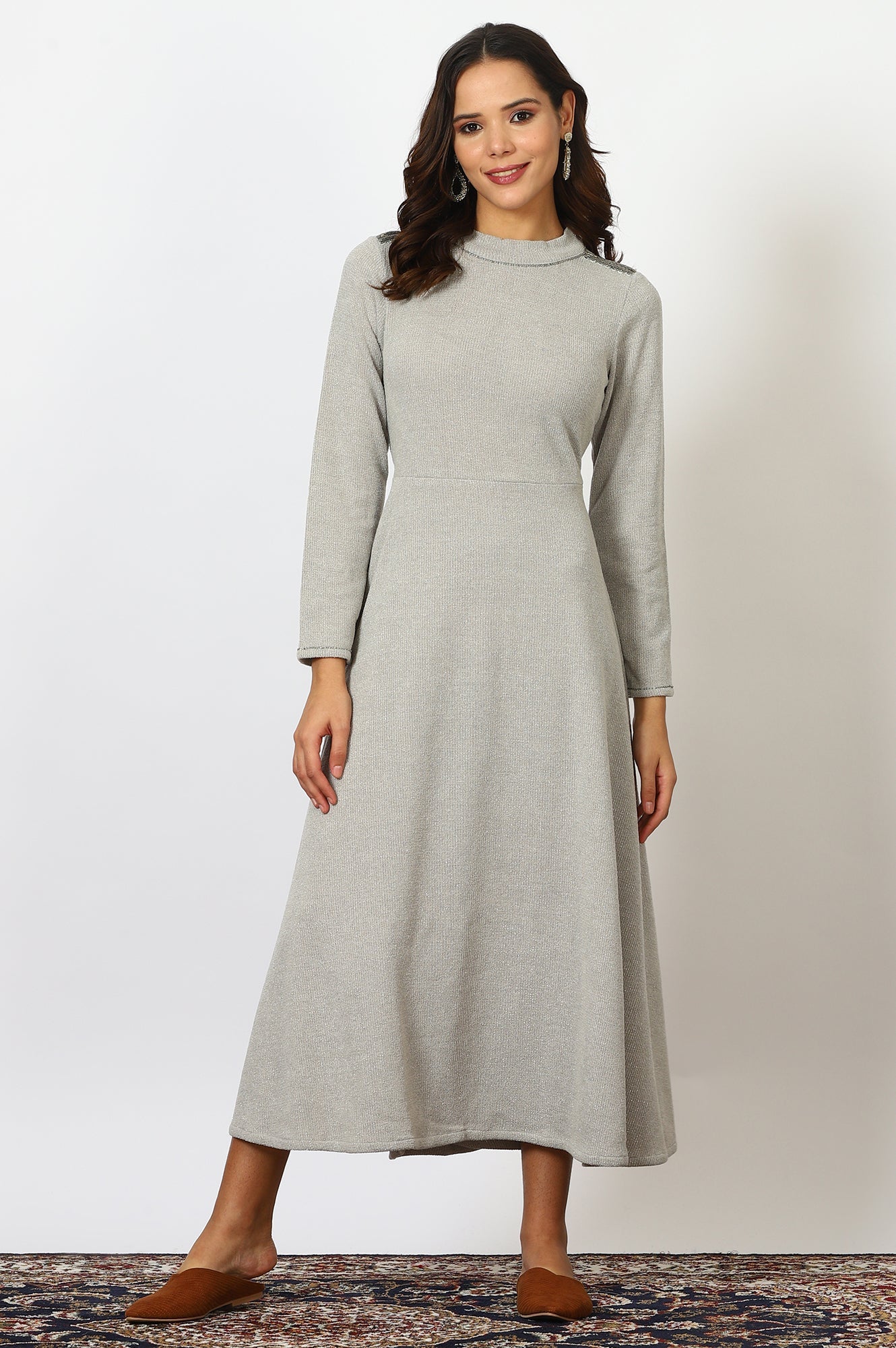 Grey Solid Metallic Hardware Flarred Dresses