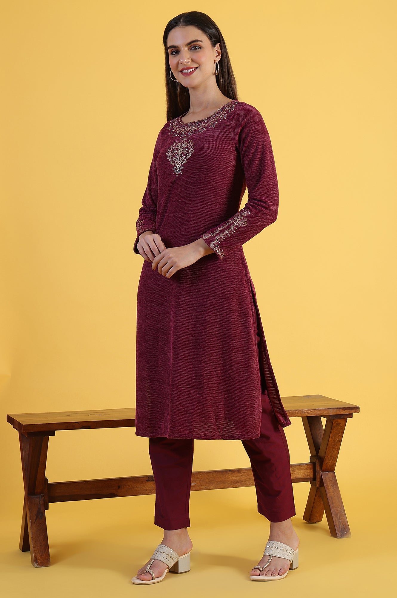 Maroon Solid Metallic Embroidery Straight Kurta & Straight pant with Dupatta Set