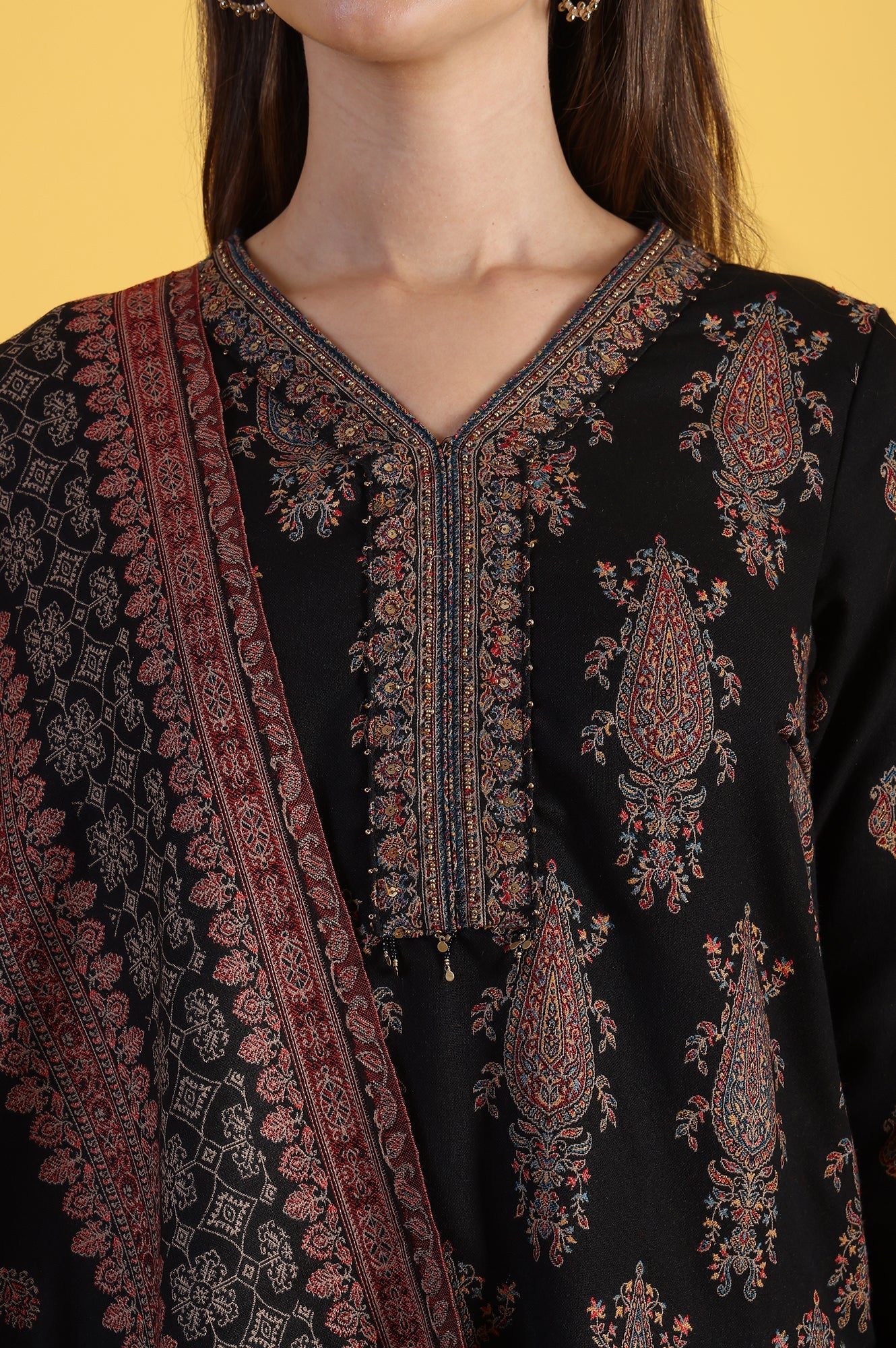 Black Yarn Dyed Sequins Straight Kurta & Straight pant with Dupatta Set