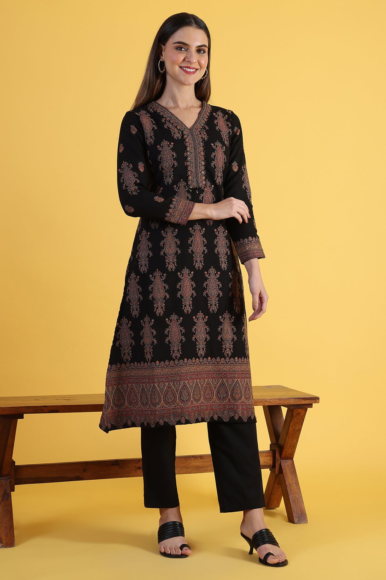 Black Yarn Dyed Sequins Straight Kurta & Straight pant with Dupatta Set