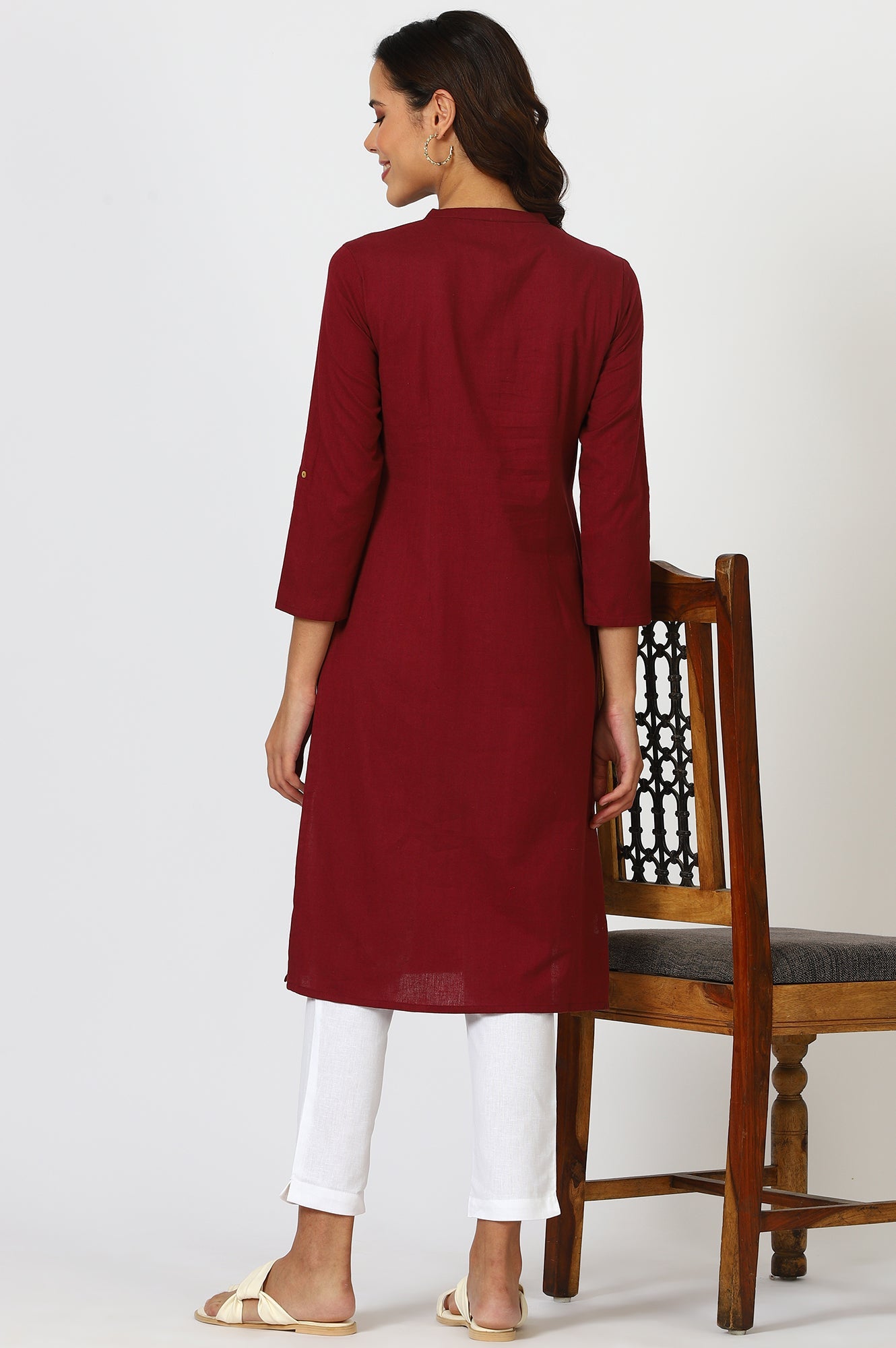 Maroon Solid Straight Cotton Kurta
