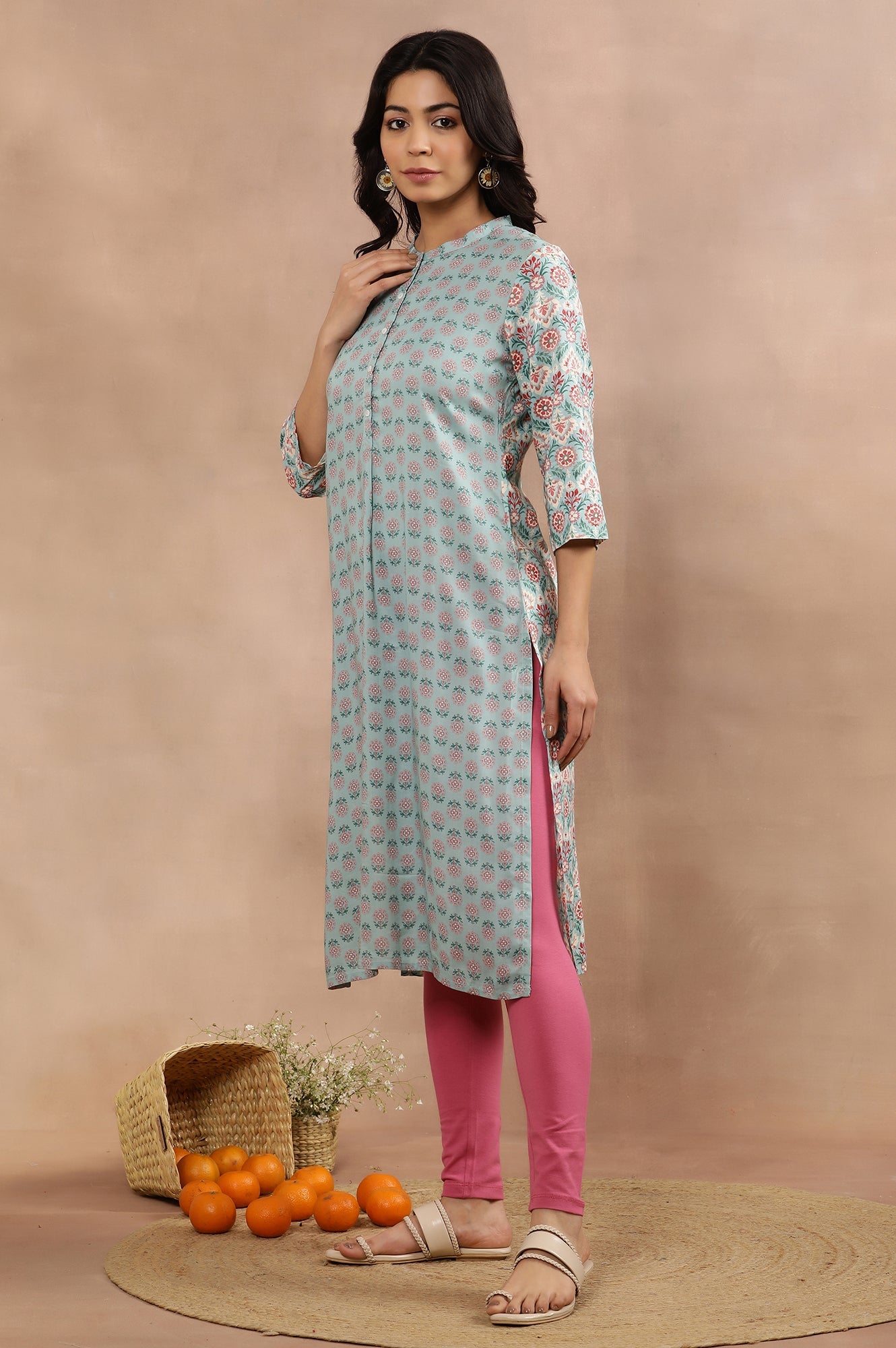 Blue Button Down Printed Kurta And Tights Set