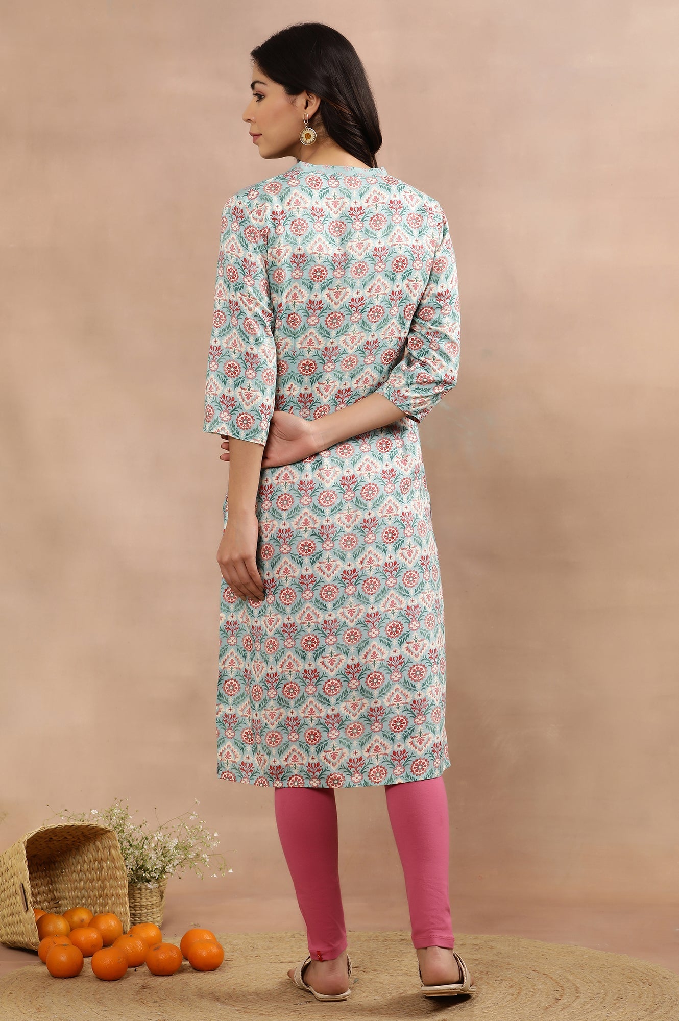 Blue Button Down Printed Kurta And Tights Set