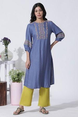 Blue Thread Embroidered Kurta And Pants Set - wforwoman