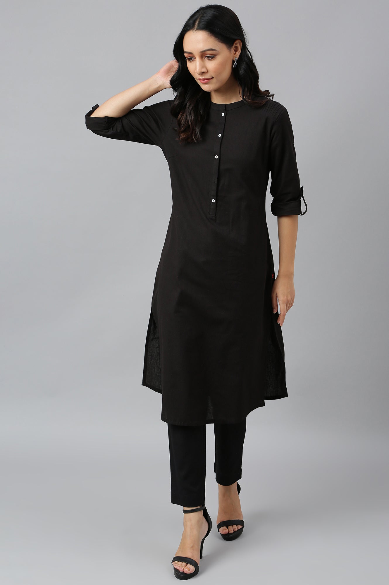 Light Blue Printed Pure Cotton & Solid Black Cotton Flax Kurta Combo - wforwoman