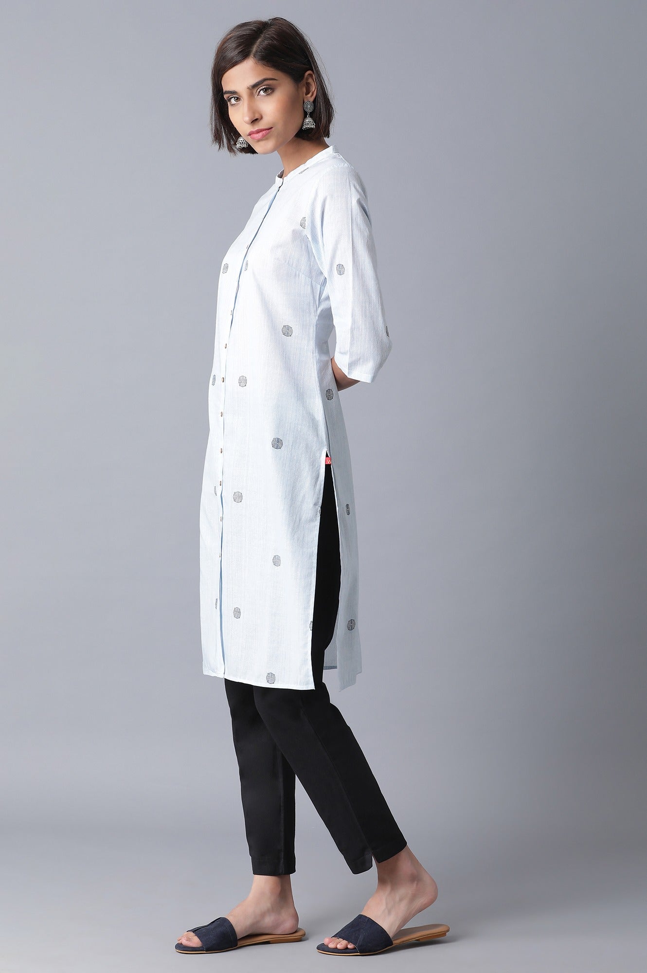 Light Blue Printed Pure Cotton & Solid Black Cotton Flax Kurta Combo - wforwoman