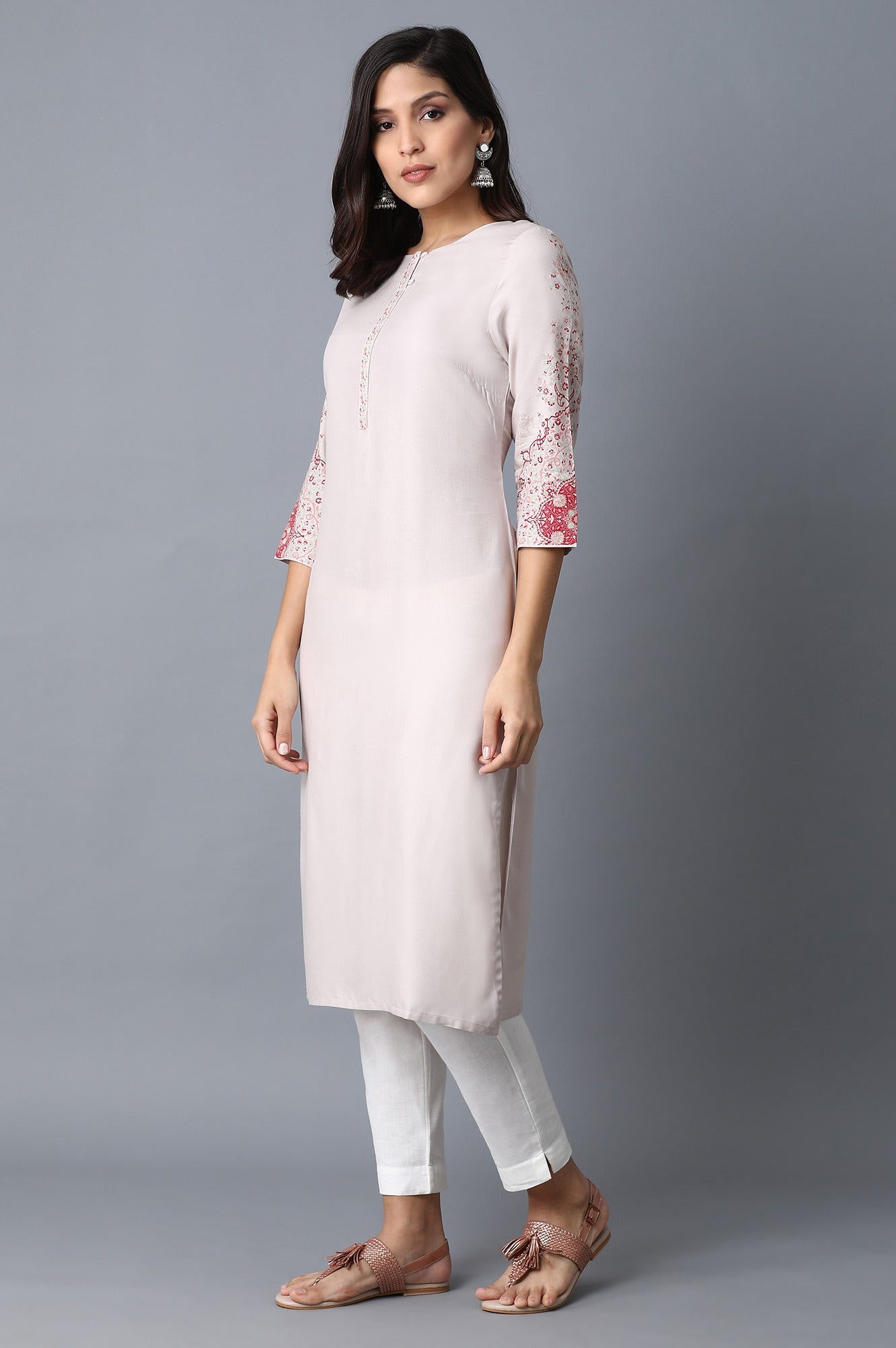 Light Pink Printed Rayon Kurta & Green Cotton Flax Solid Kurta Combo - wforwoman