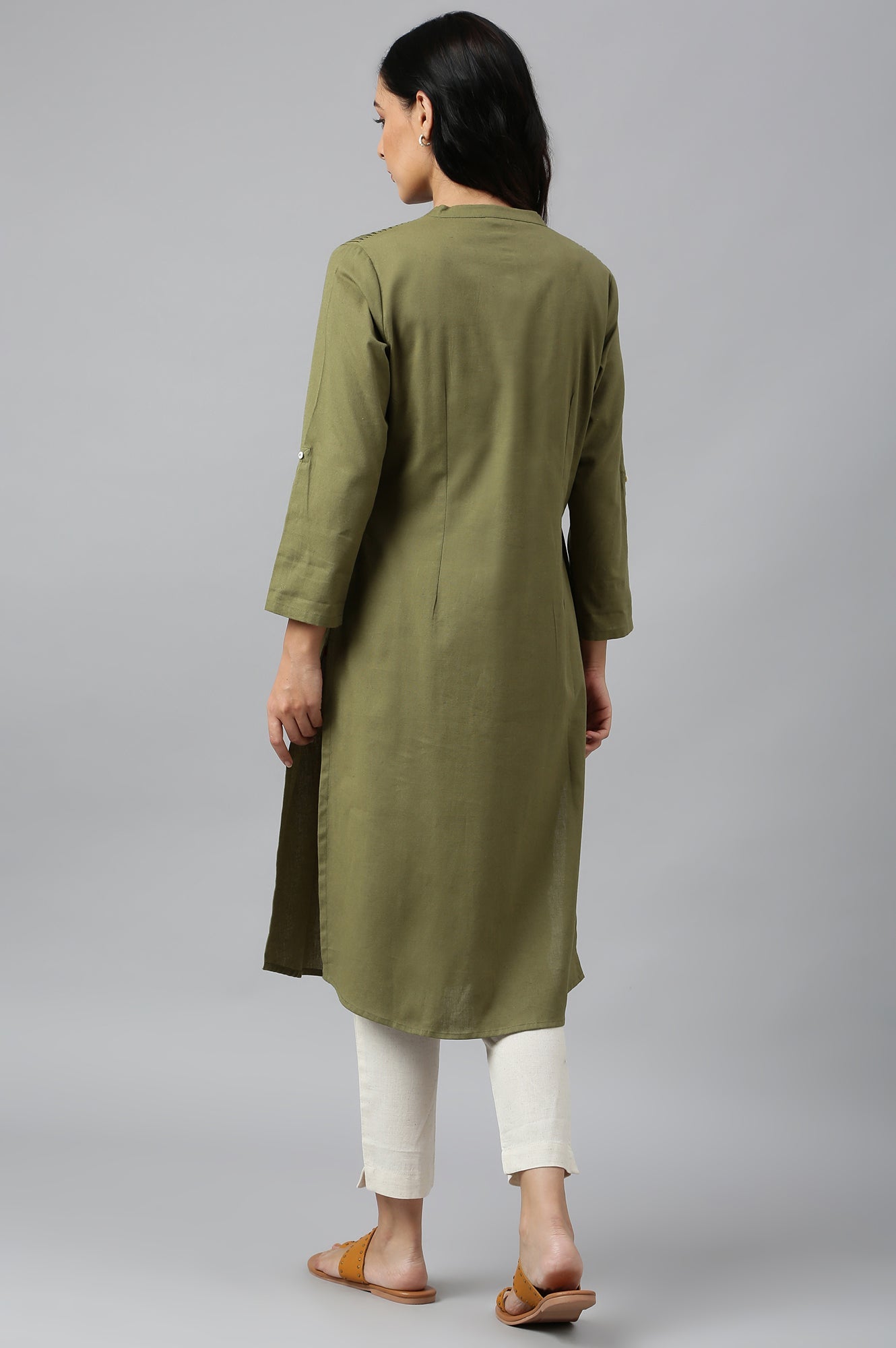 Light Pink Printed Rayon Kurta & Green Cotton Flax Solid Kurta Combo - wforwoman