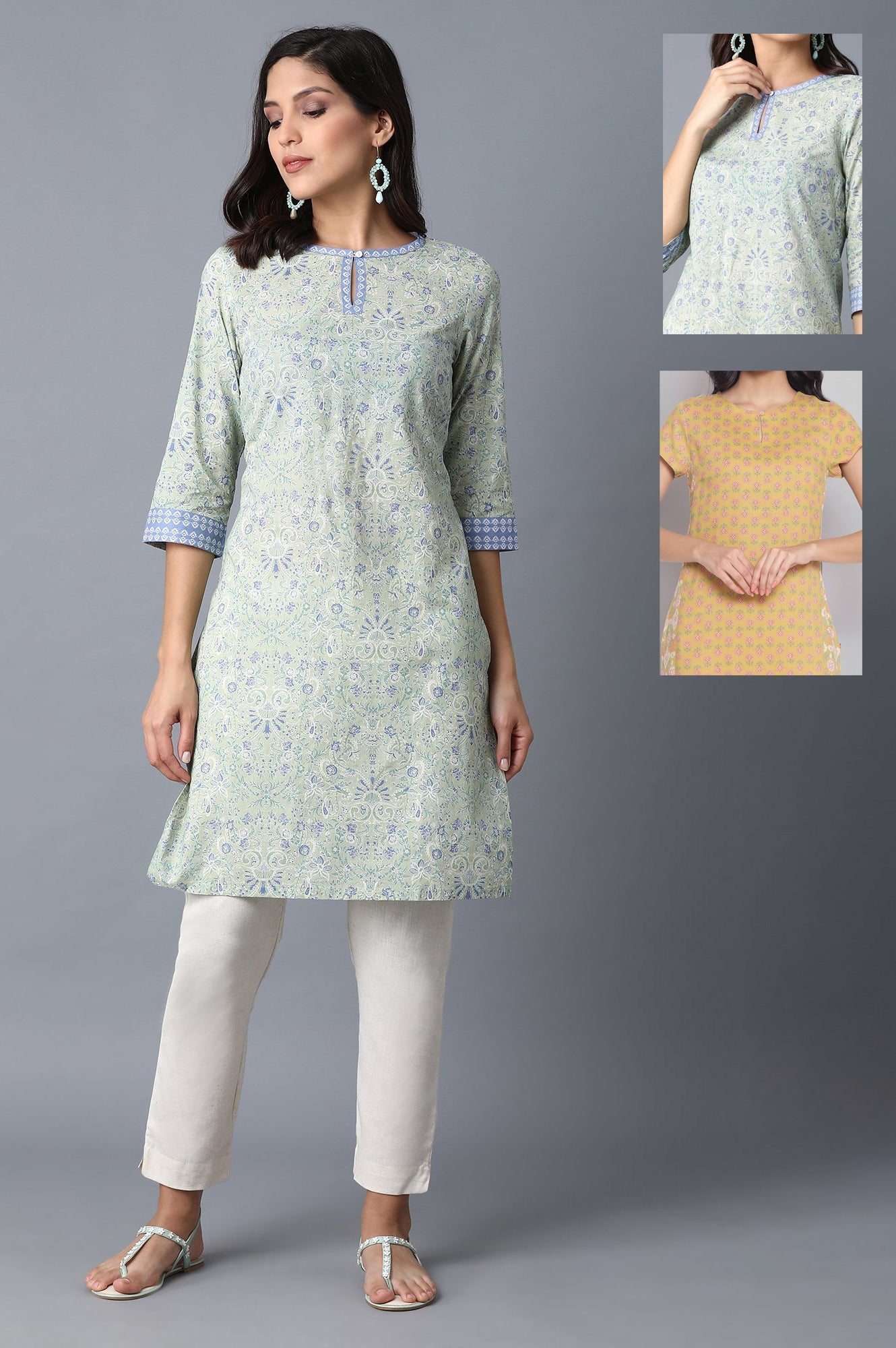 Yellow Printed Rayon Straight Kurta & Green Printed Cotton Straight Kurta Combo - wforwoman