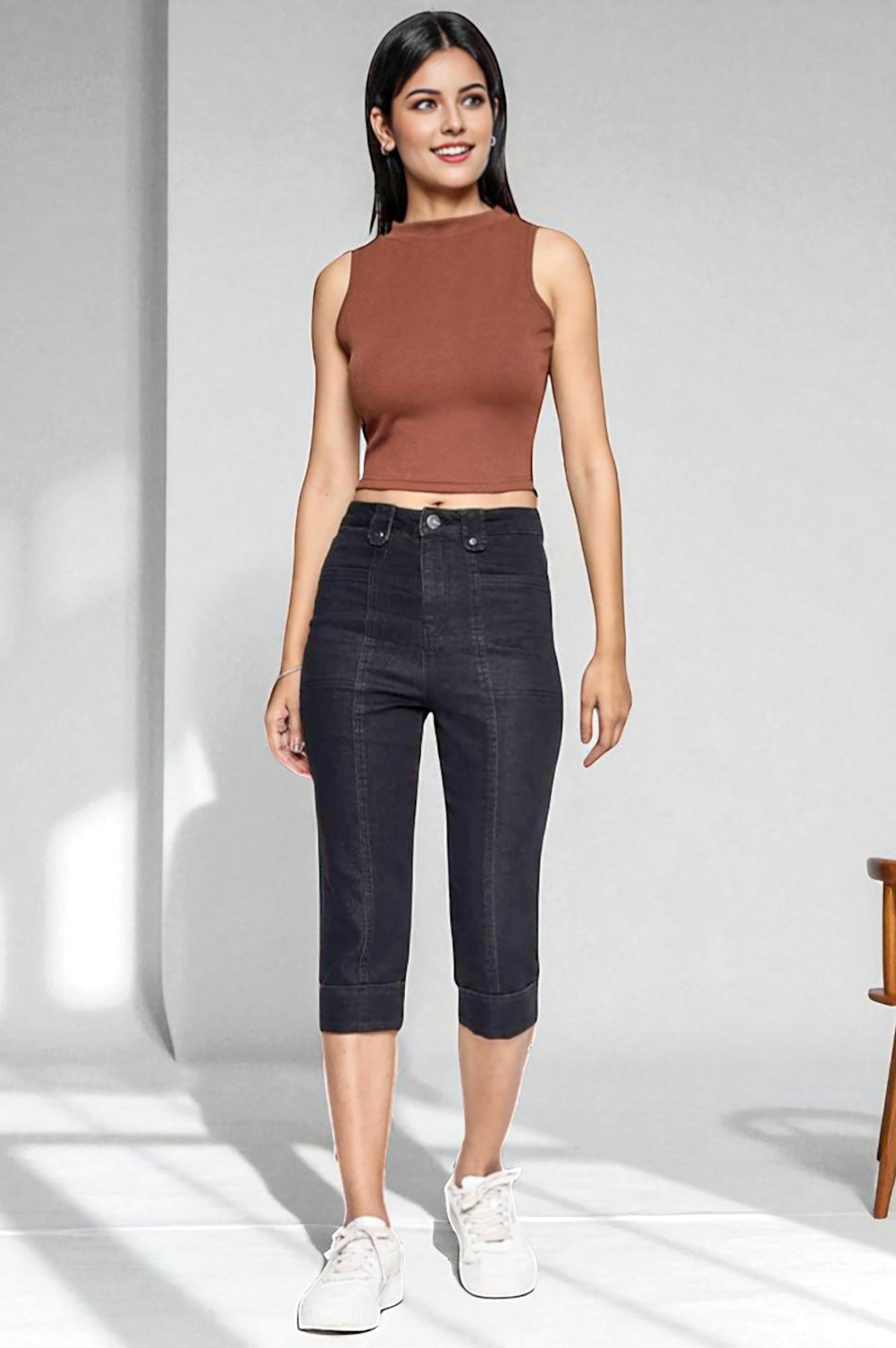 Black Cotton Denim Lycra Cropped Length Capri