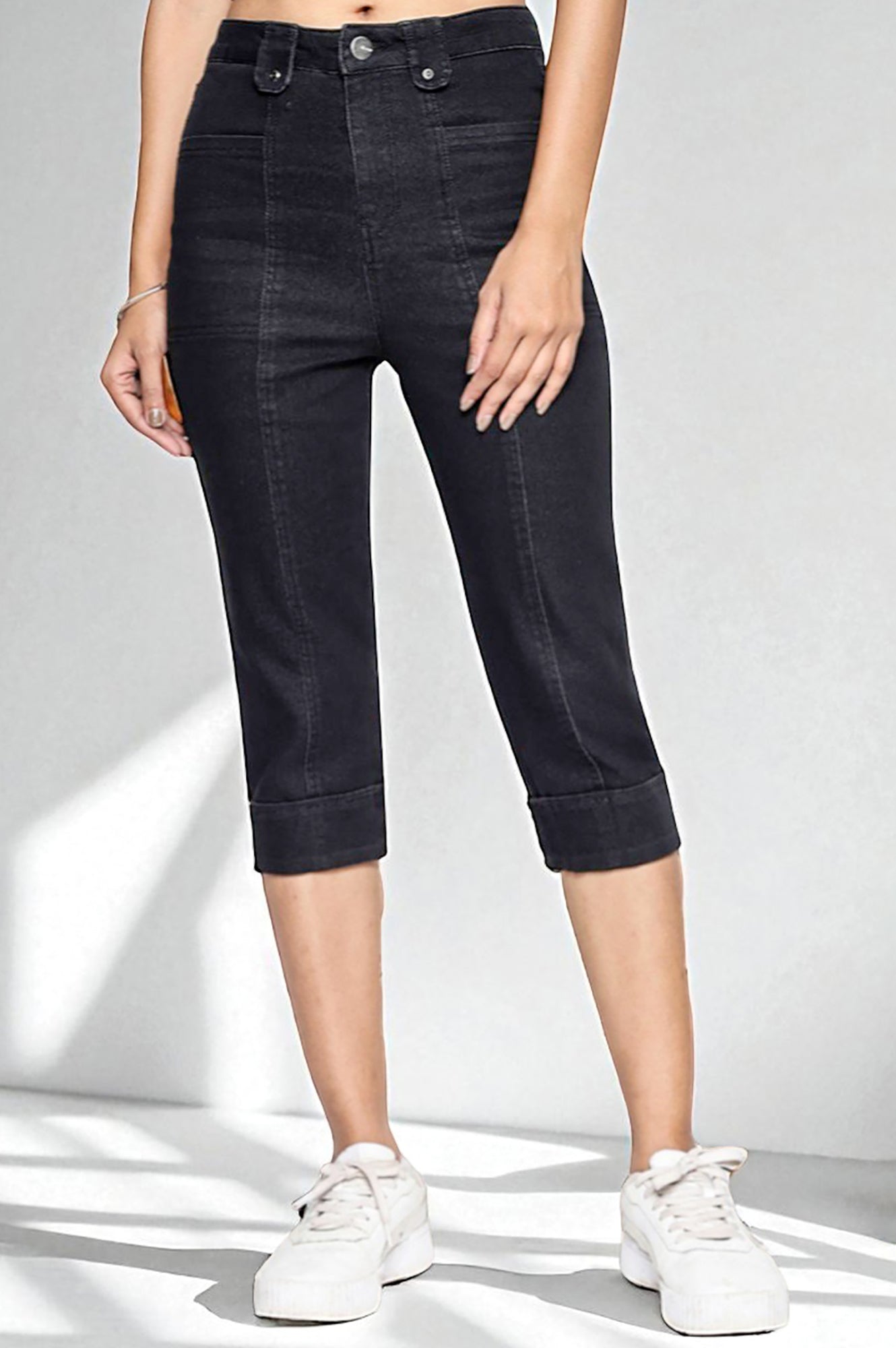Black Cotton Denim Lycra Cropped Length Capri