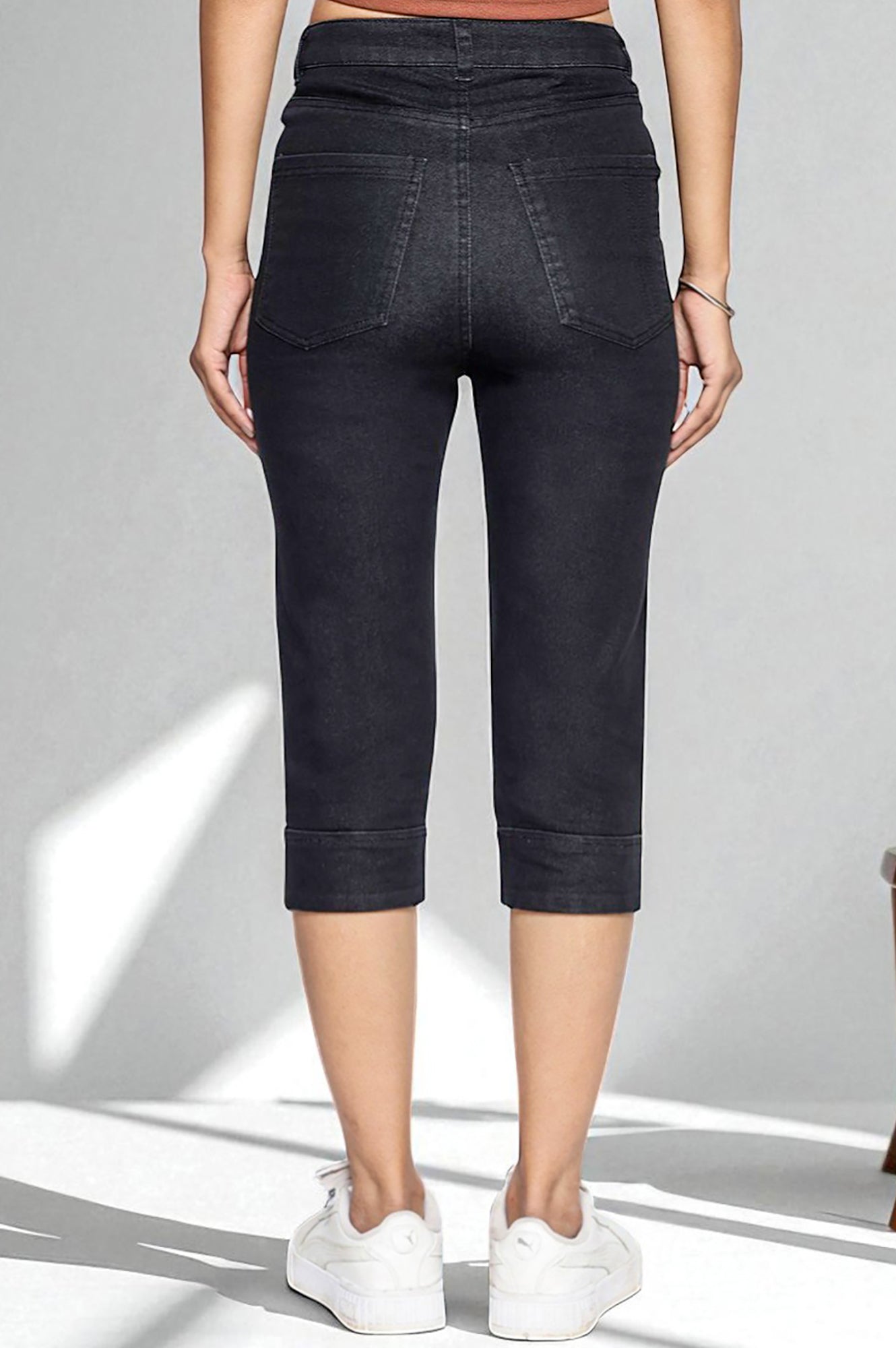 Black Cotton Denim Lycra Cropped Length Capri