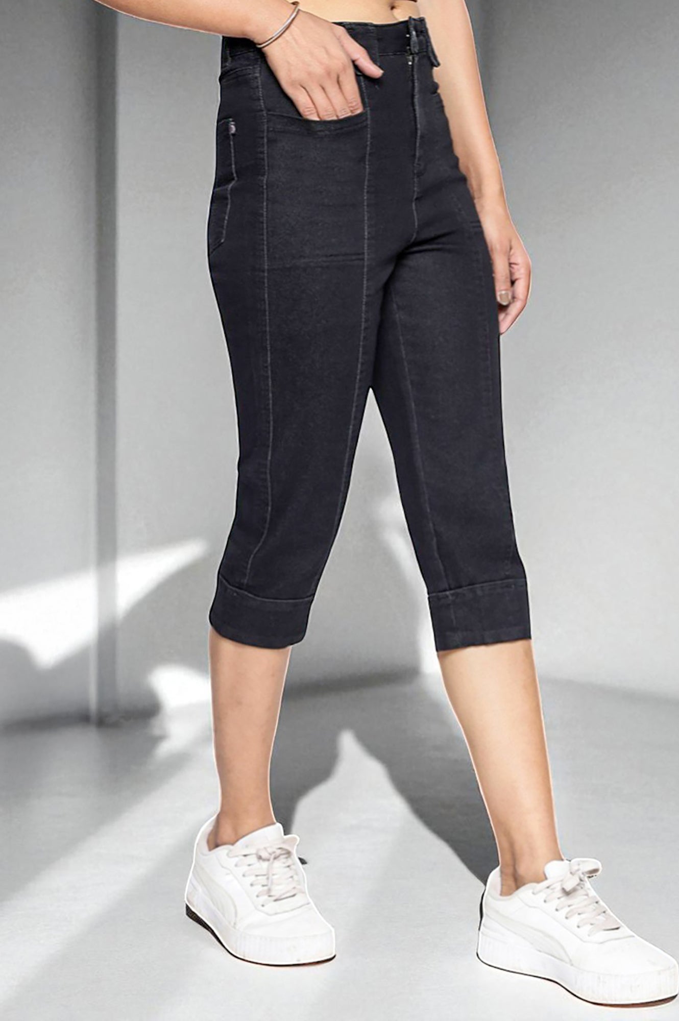 Black Cotton Denim Lycra Cropped Length Capri