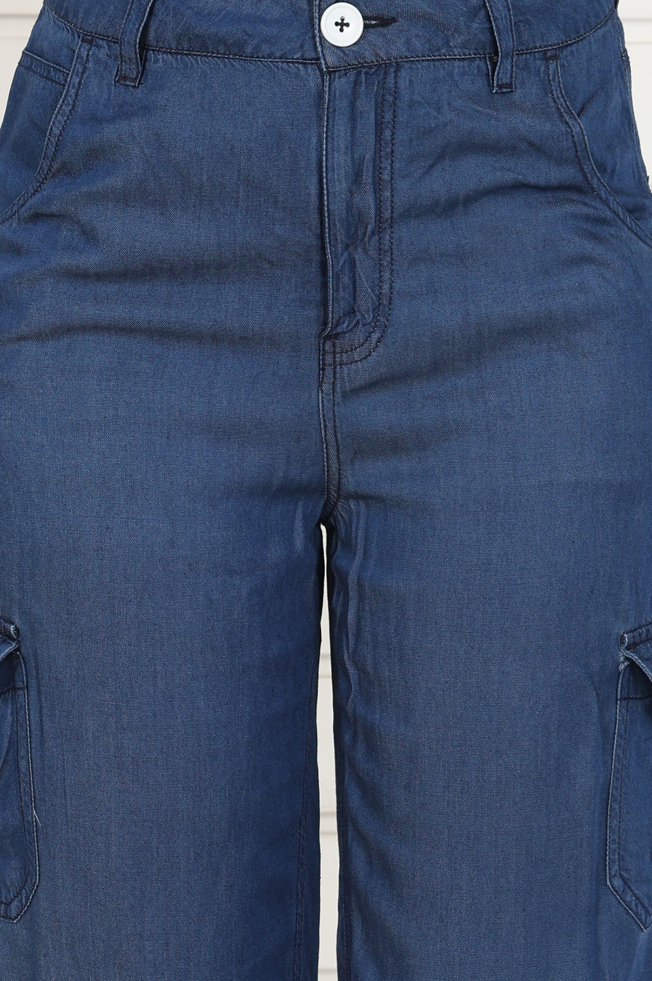 Blue Linen Lyocell Mid Rise Calf Length Capri