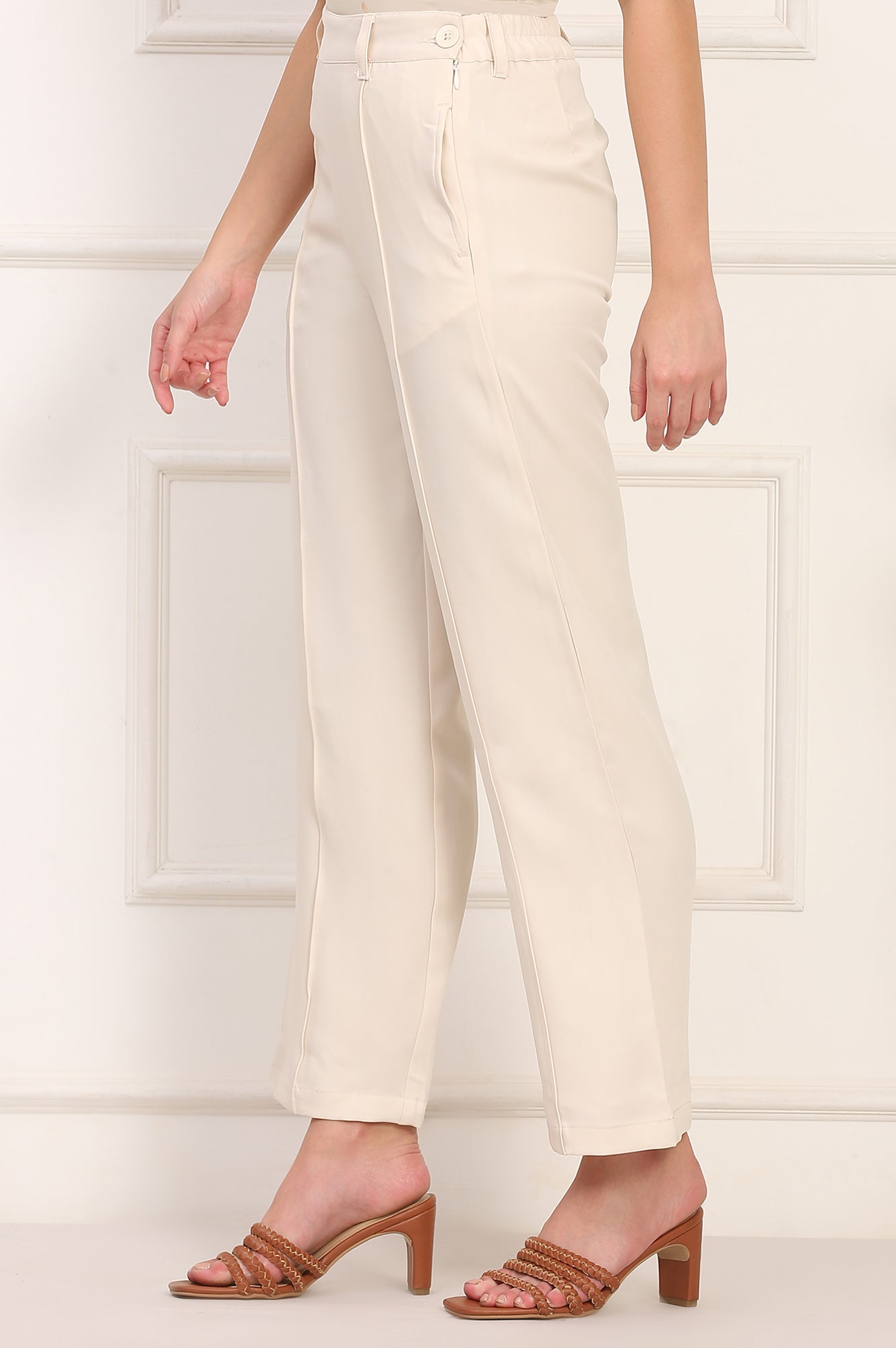 Beige Solid Straight Woven Pant