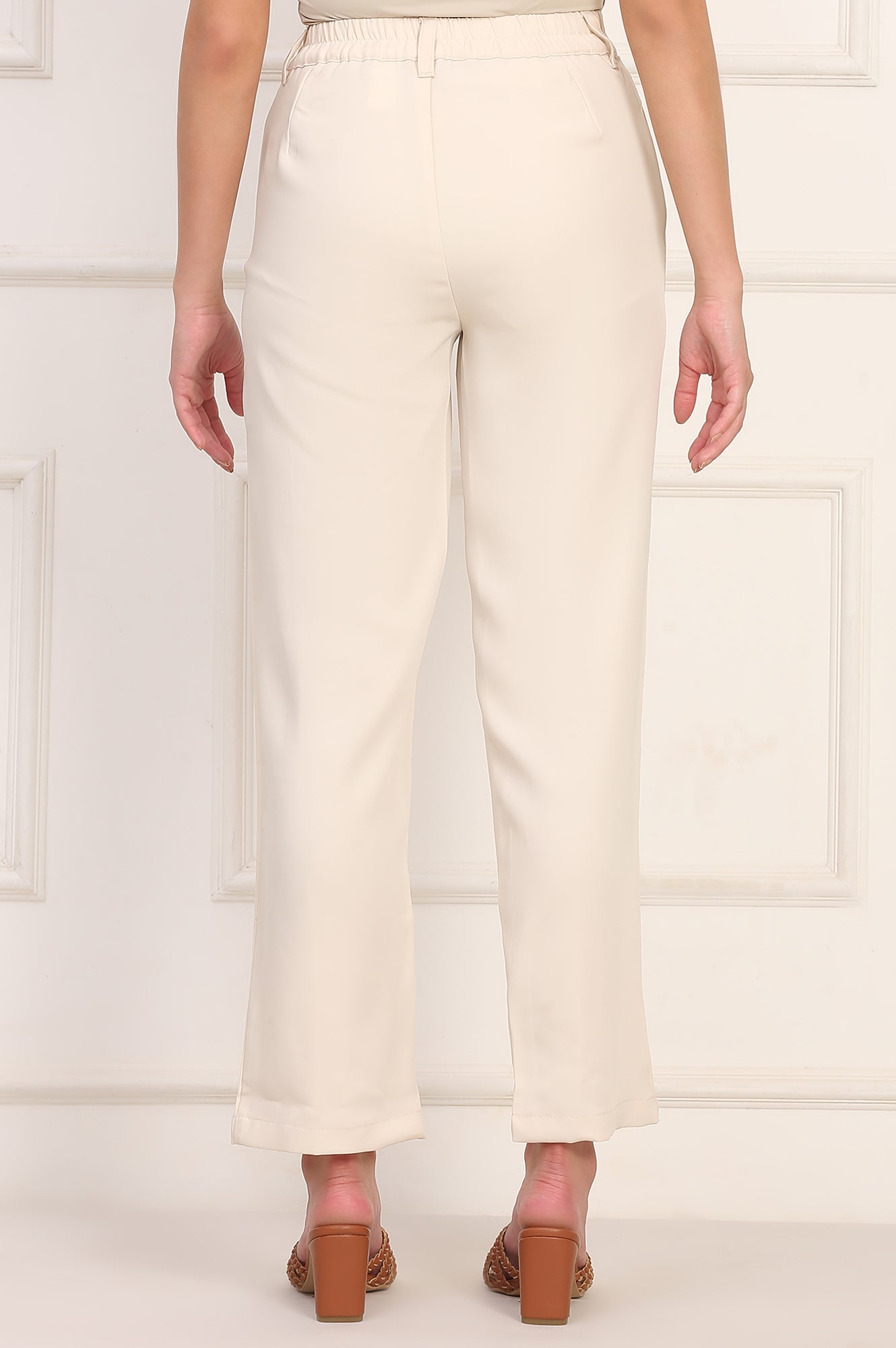 Beige Solid Straight Woven Pant