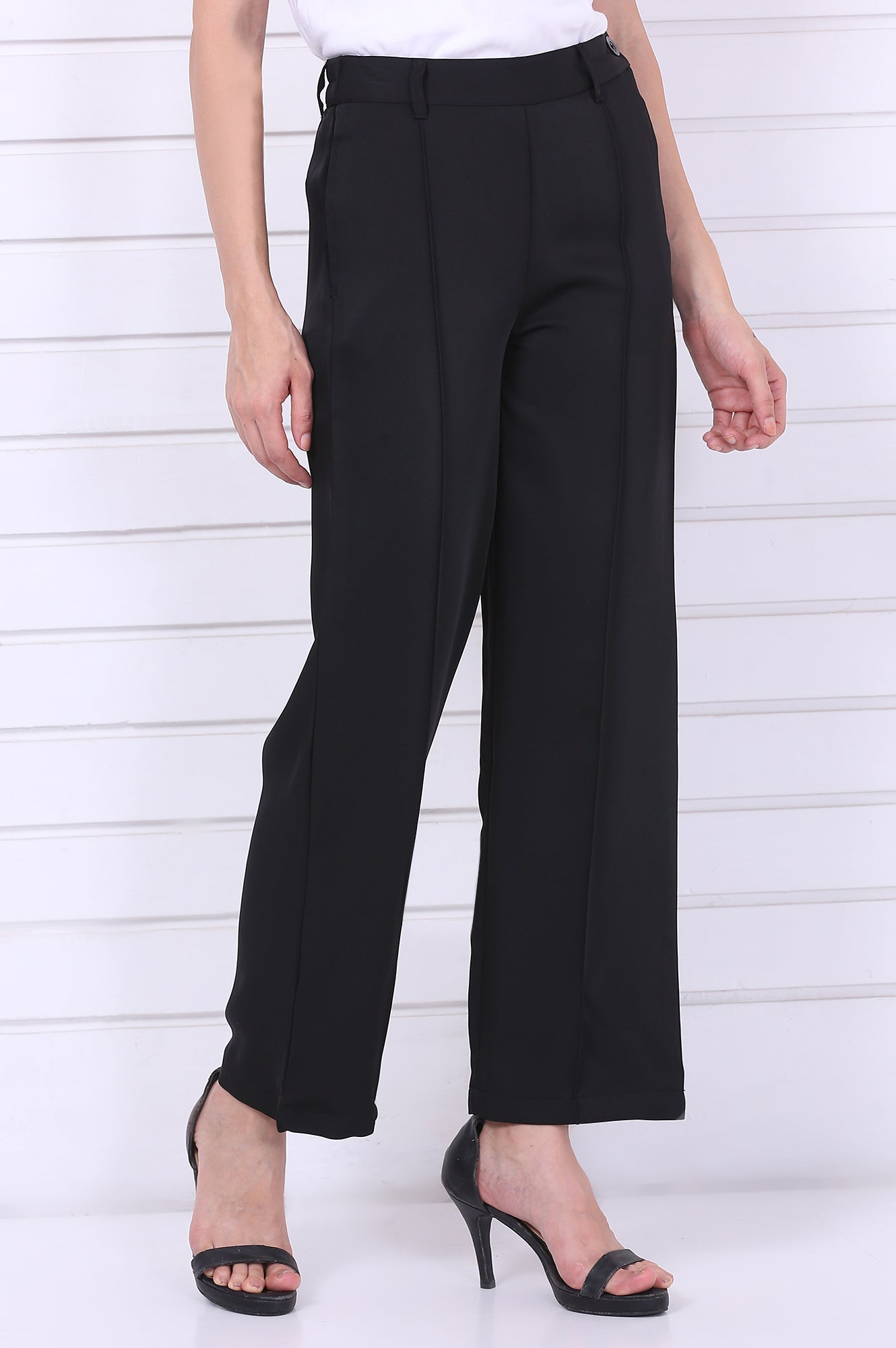 Black Solid Straight Parallel Pants