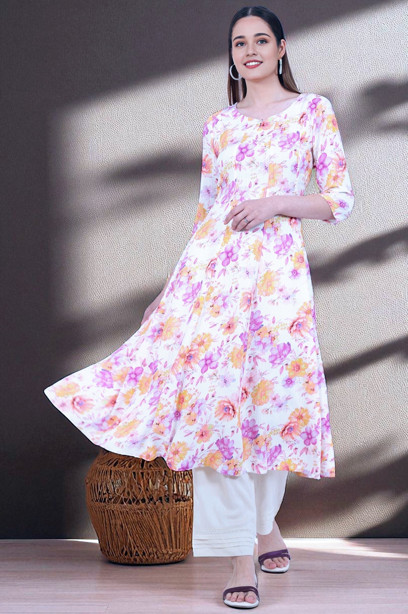 Shop Online Multicolour Printed Flarred Rayon Kurta | Aurelia