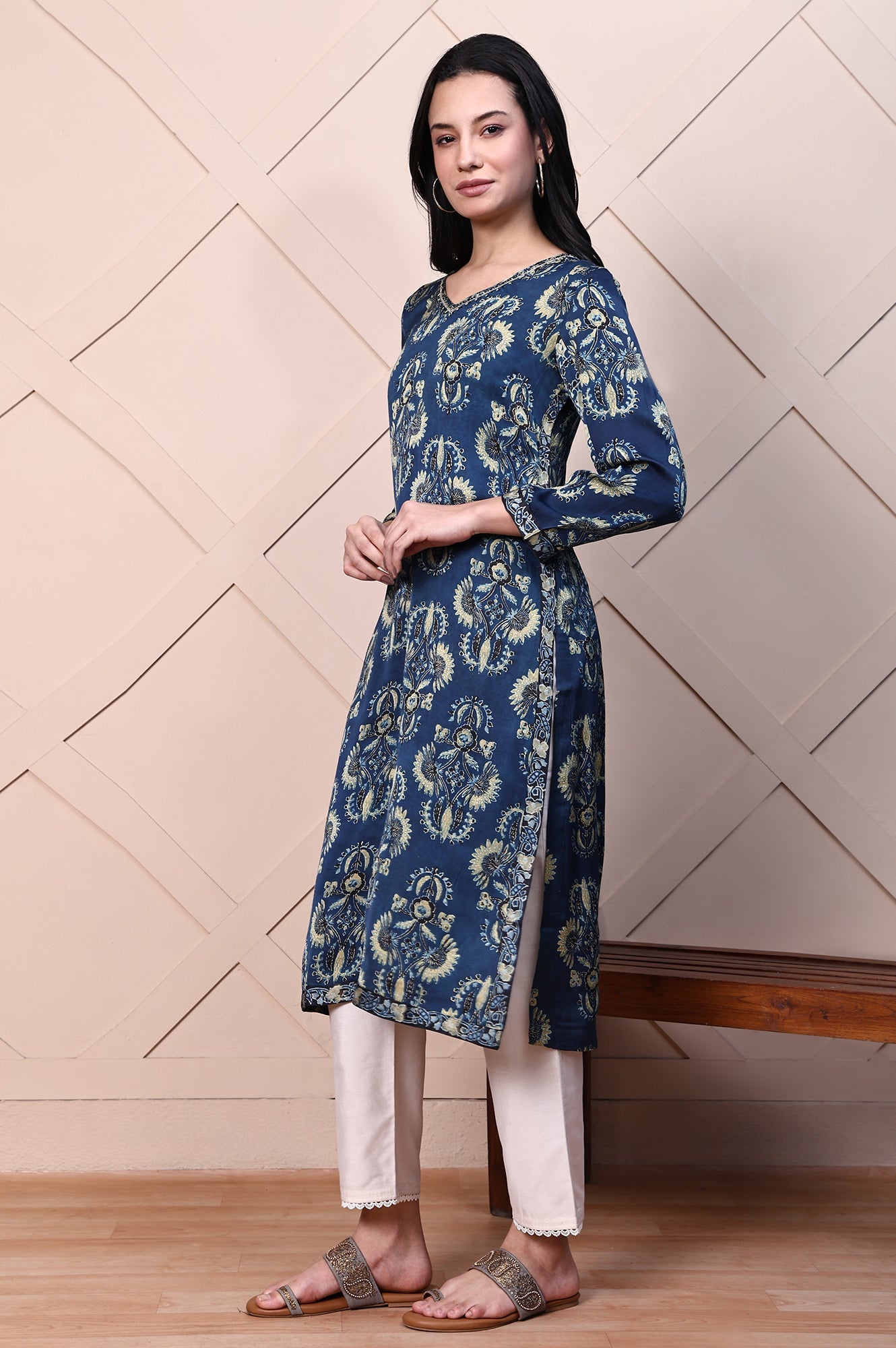 Blue Ajrak Printed Satin Straight Kurta with Sequin Work