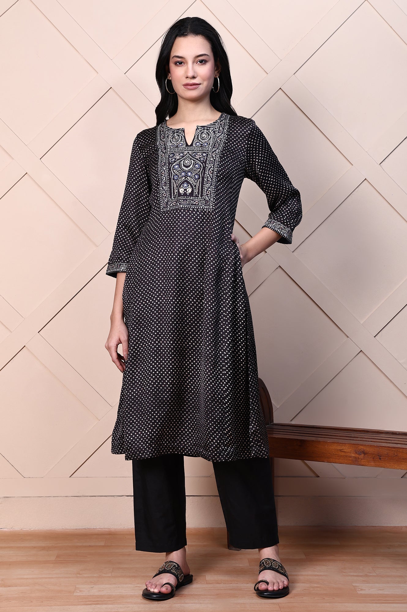 Black Polka Printed Satin A-lineKurta with Thread Embroidery