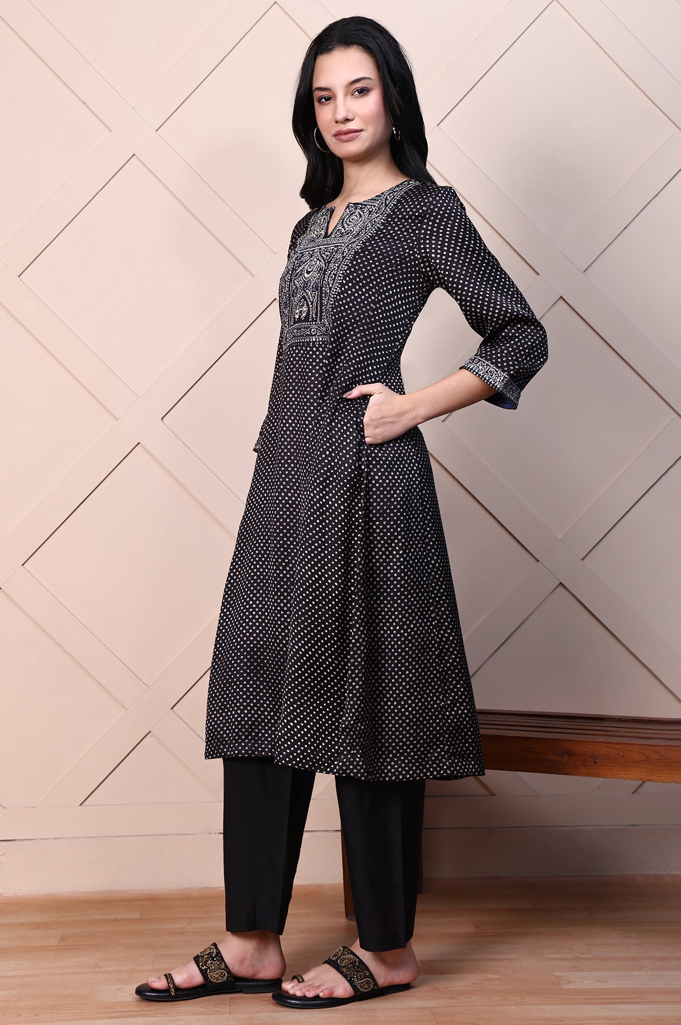 Black Polka Printed Satin A-lineKurta with Thread Embroidery