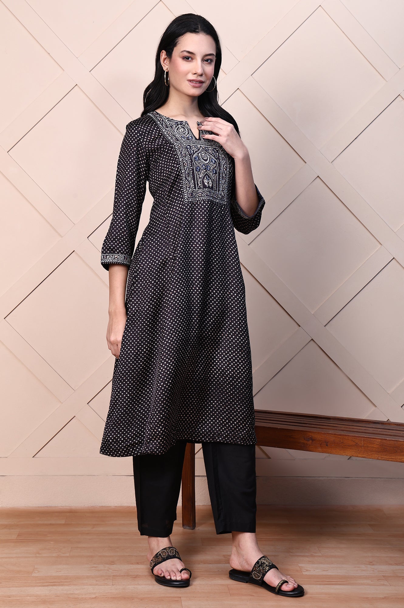 Black Polka Printed Satin A-lineKurta with Thread Embroidery