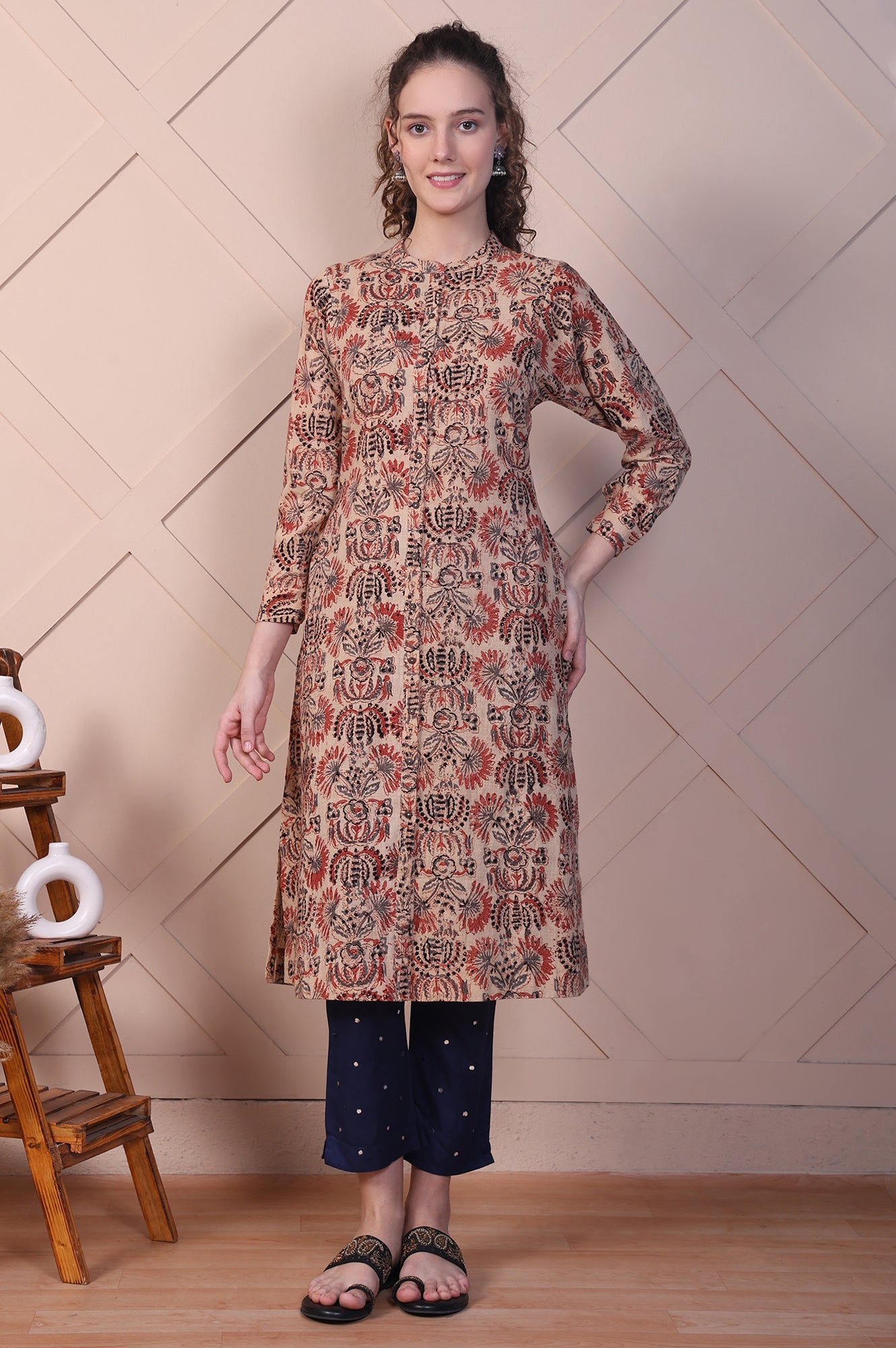 Beige Kalamkari Printed Pure Cotton Straight Kurta