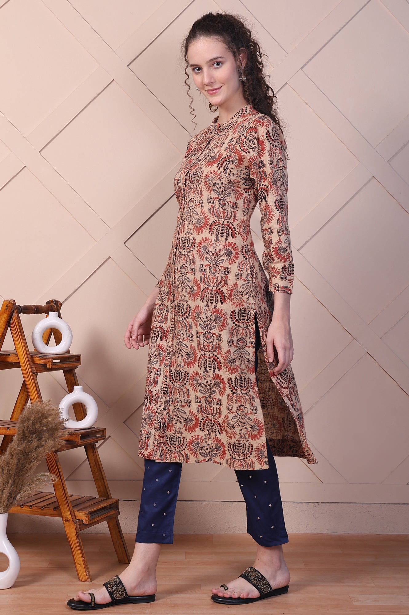 Beige Kalamkari Printed Pure Cotton Straight Kurta