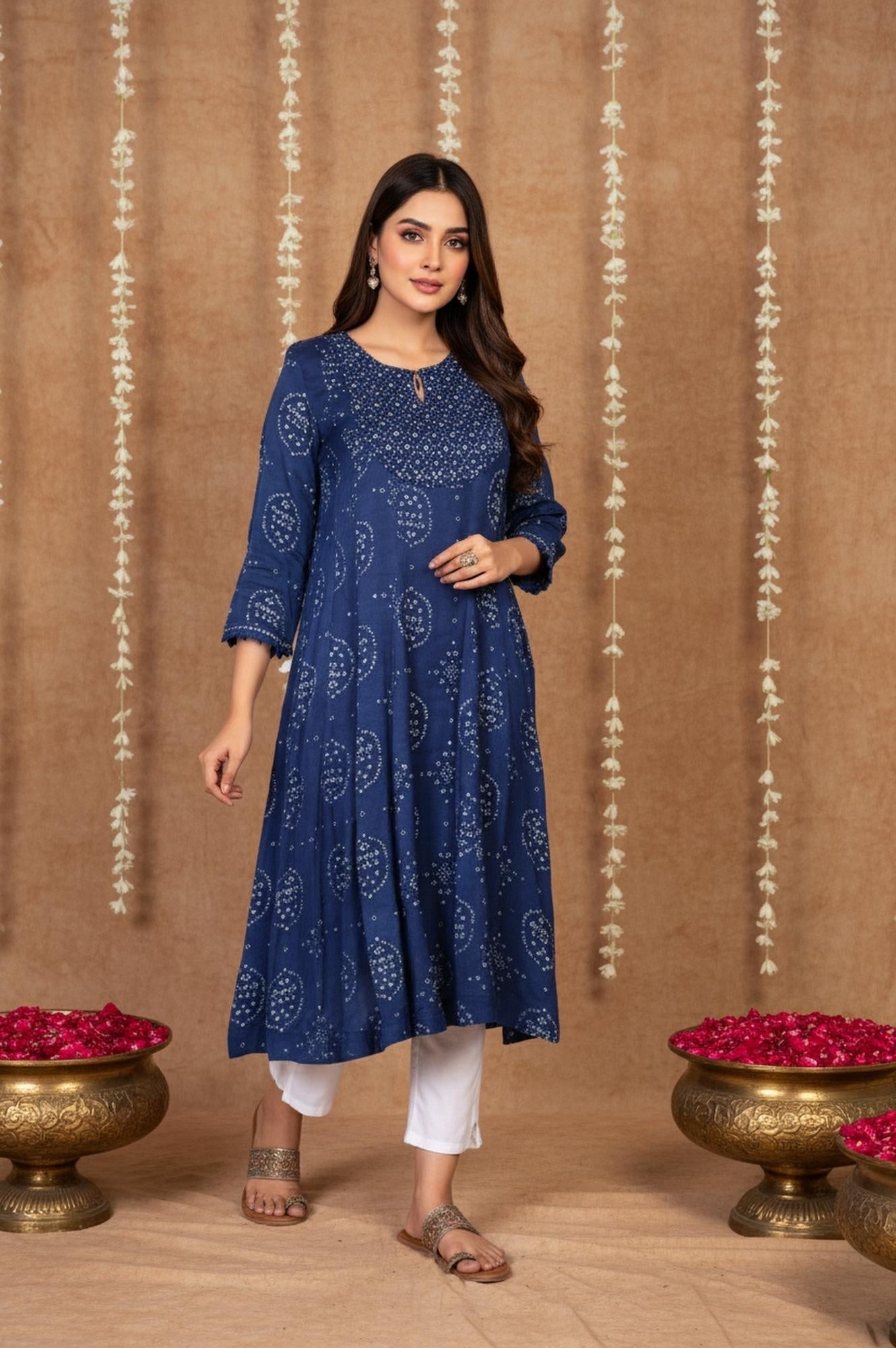 Blue Bandhani Mirror Work Flared Modal Satin Kurta