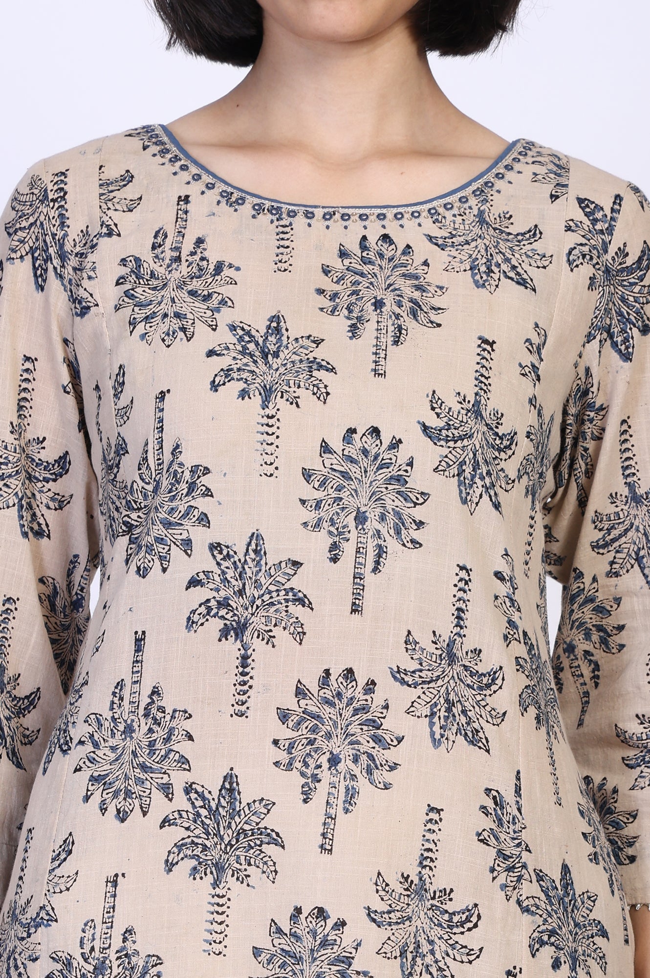 Beige Kalamkari Mirror Work A-Line Cotton Kurta