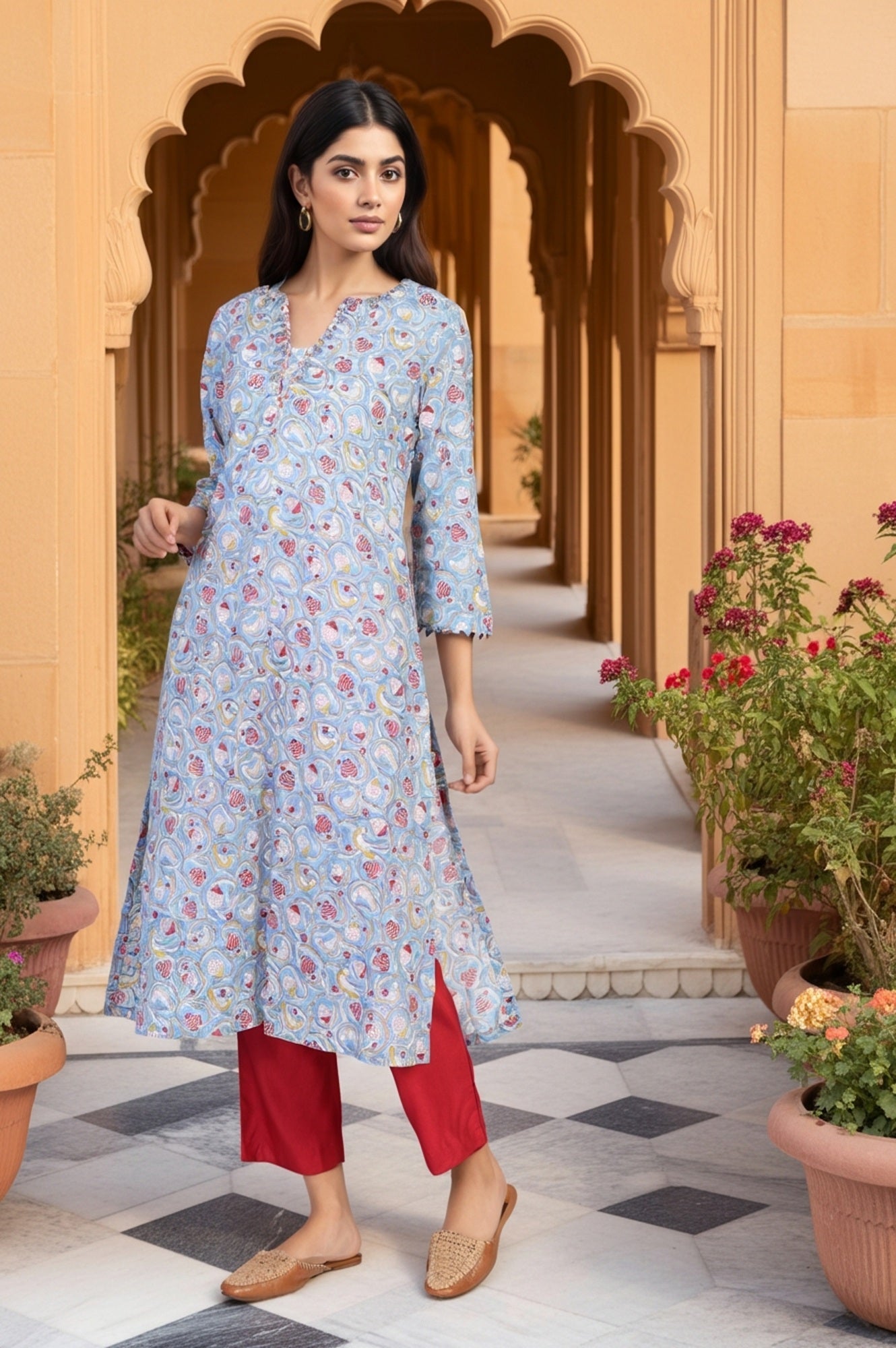 Blue Block Print Mirror Work Straight Cotton Kurta