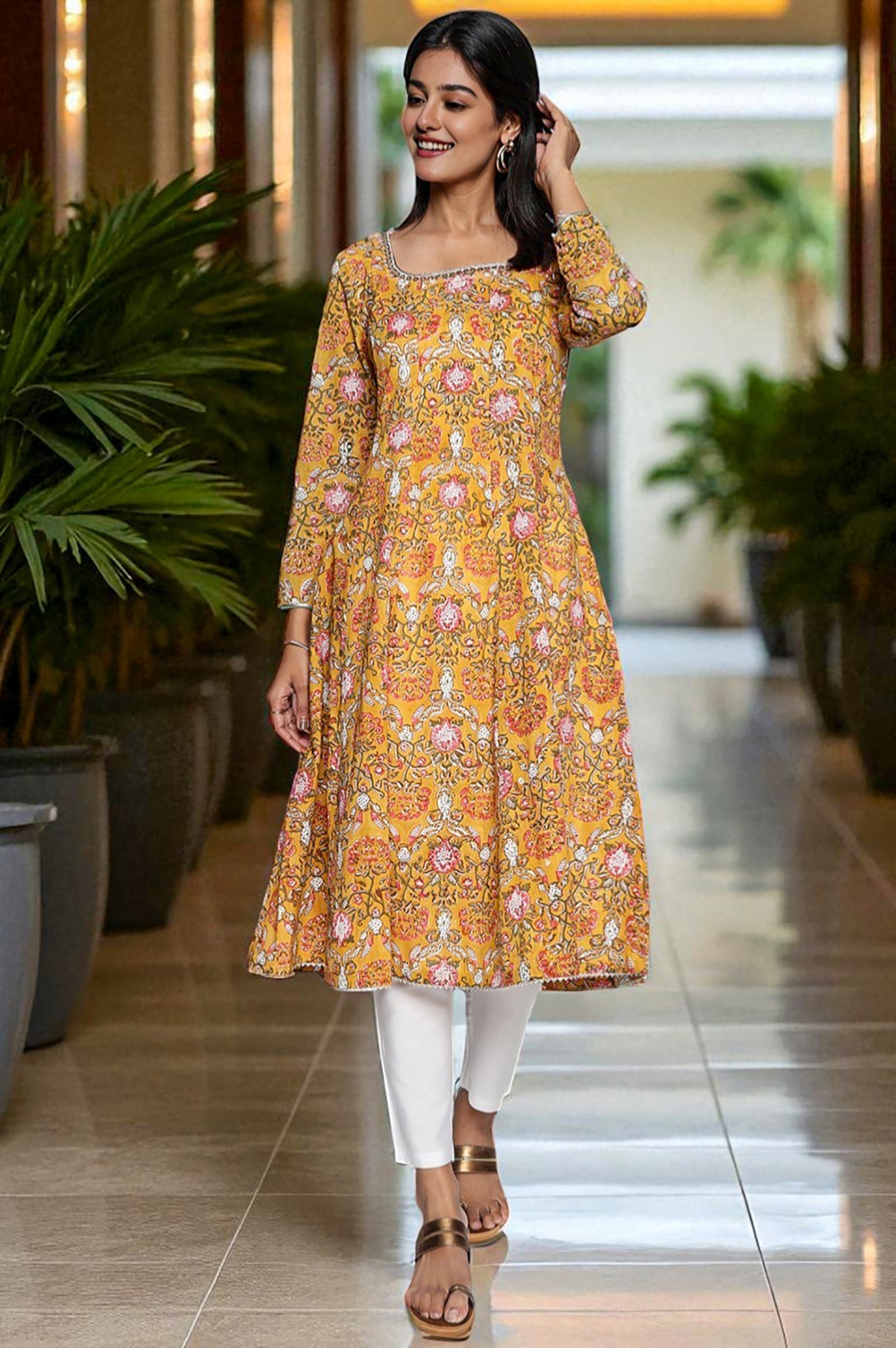 Mustard Printed Pure Cotton Flared Kurta