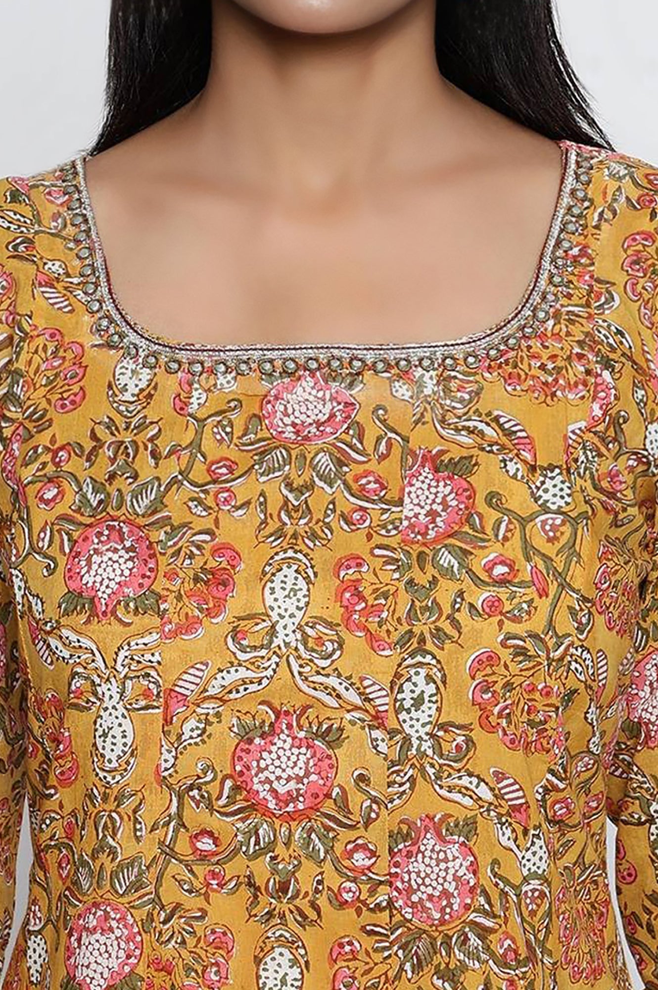 Mustard Printed Pure Cotton Flared Kurta