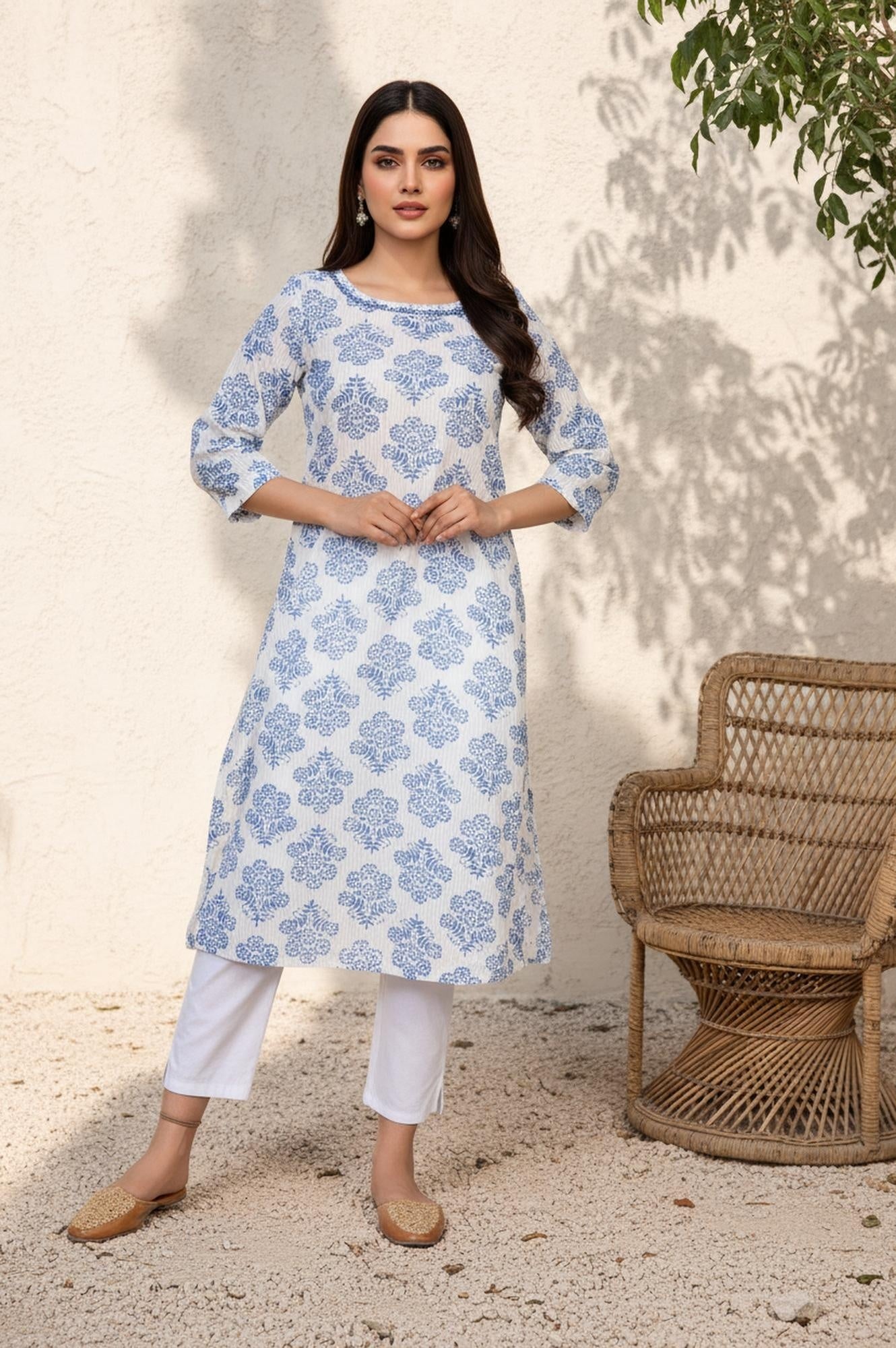 White Floral Straight Cotton Kurta